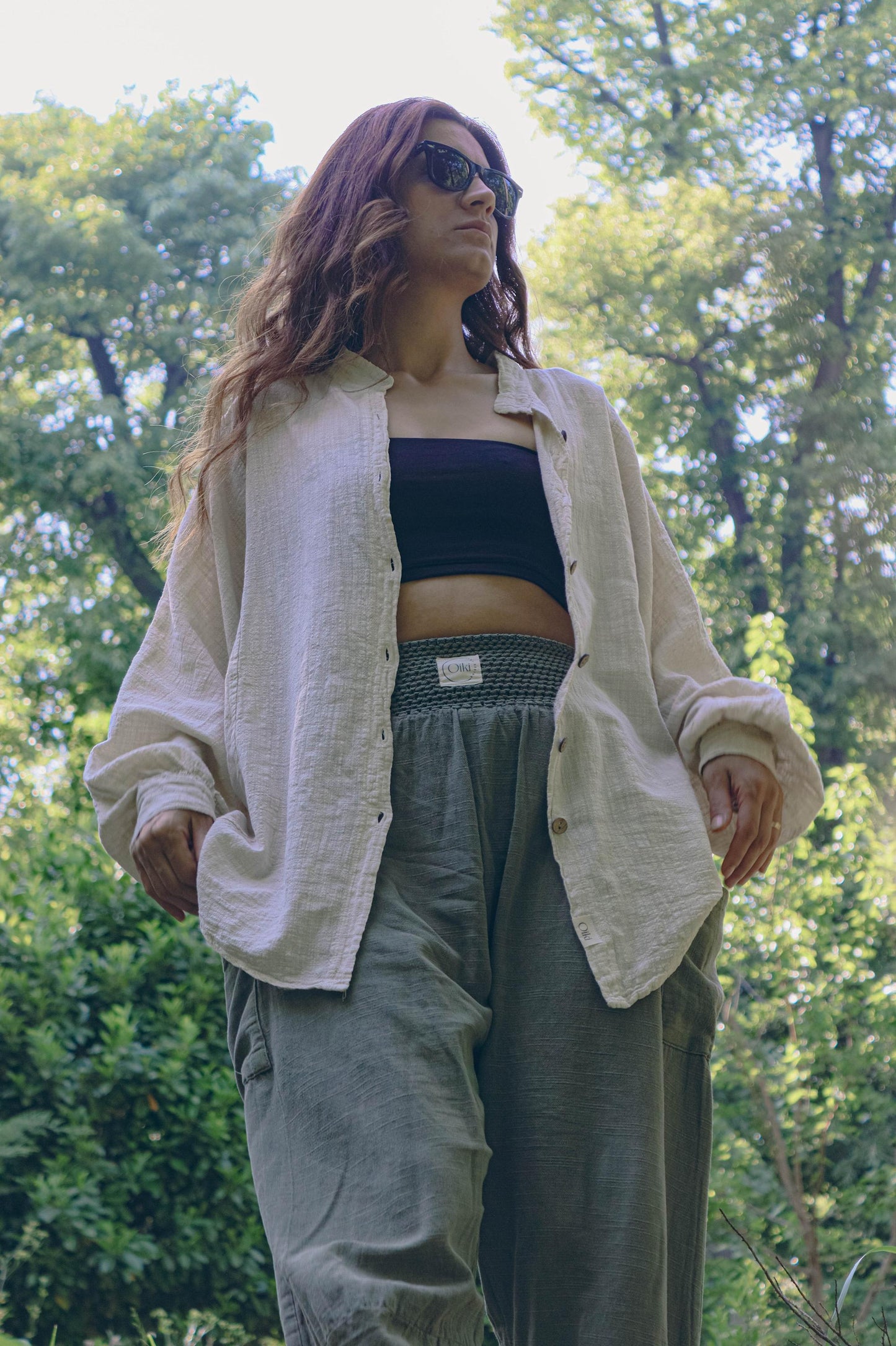 Boho Linen Cotton Set Green Pants & Cream Shirt – Unisex All Season Bohemian Outfit, Casual Hippie Clothing, Festival Fashion, Relaxed Style