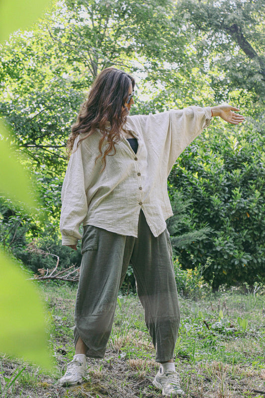 Boho Linen Cotton Set Green Pants & Cream Shirt – Unisex All Season Bohemian Outfit, Casual Hippie Clothing, Festival Fashion, Relaxed Style