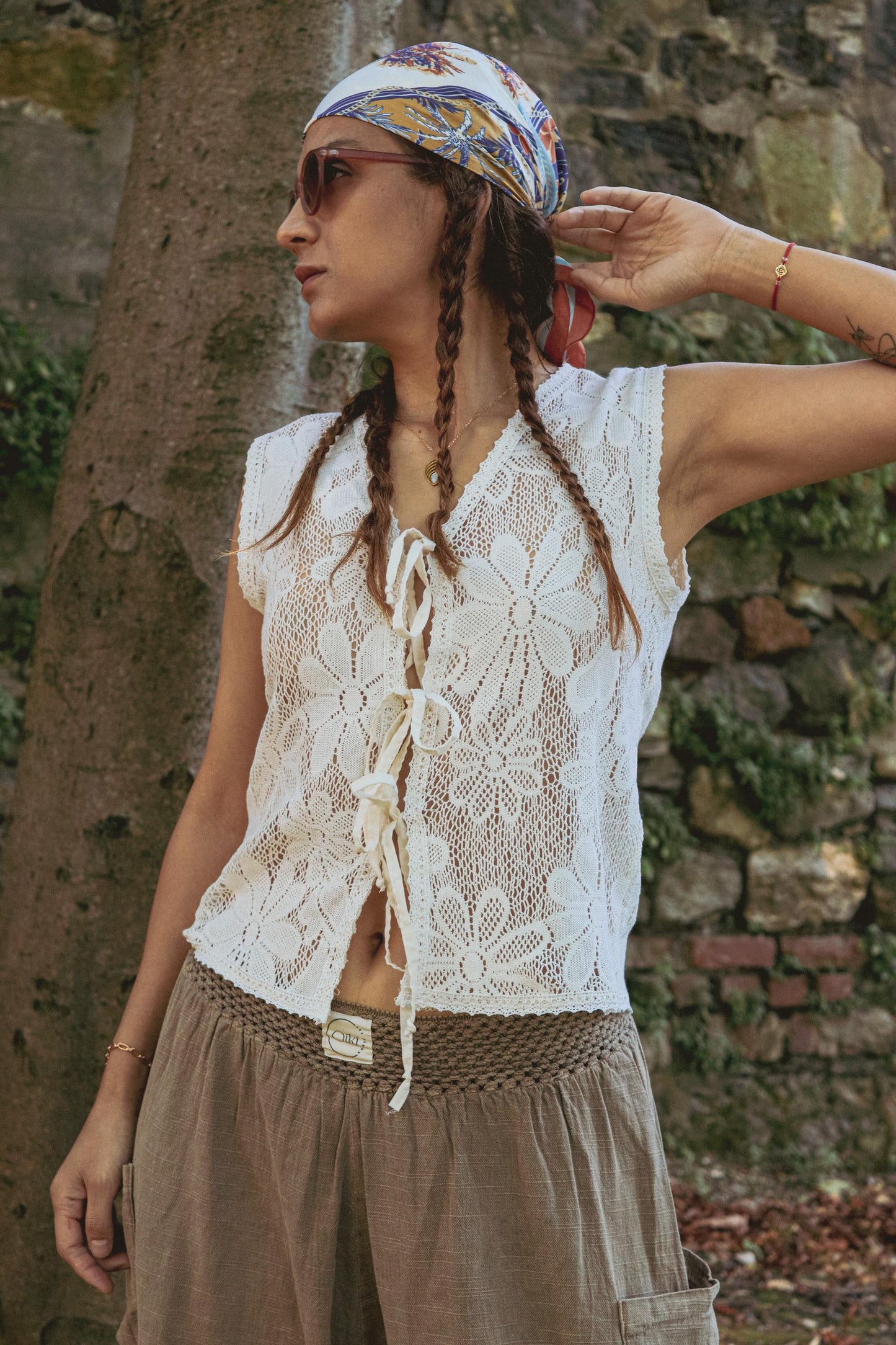 Boho Lace Vest Top – White Cotton Linen Blouse with Floral Leaf Crochet, Tie Front Yelek, Festival Outfit, S M L, Hippie Bohemian Style