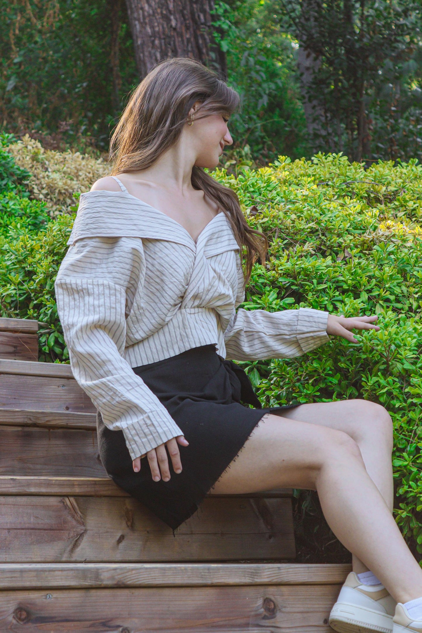 Boho Striped Off Shoulder Blouse – Cotton Polyester Crop Shirt with Straps & Button Back, S M L Sizes, Festival Top, Bohemian Style