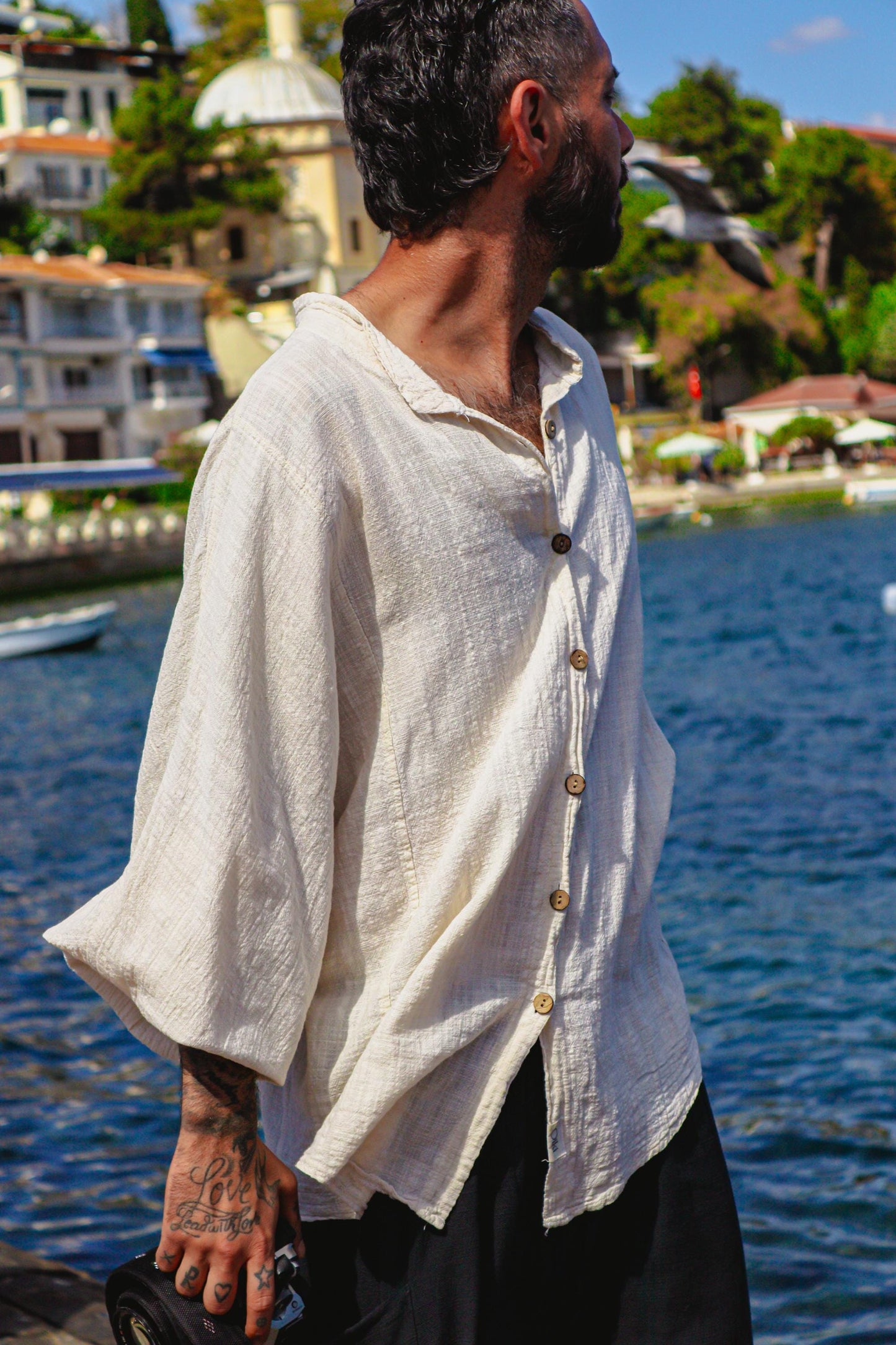 Boho Cotton Cream shirt - Oversized Loose Fit Blouse Linen Lightweight Fabric Breathable wide Underarm Top - Unisex Bohemian Shirt - Soft
