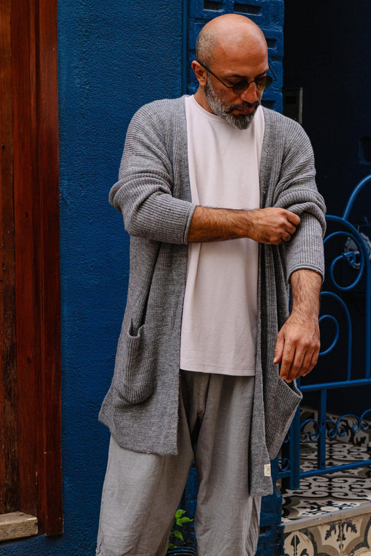 Unisex Gray Knit Cardigan – Handmade Wool Blend Boho Sweater, Cozy Long Open Front Knitwear, Minimalist Winter Outfit, Holyday Gift