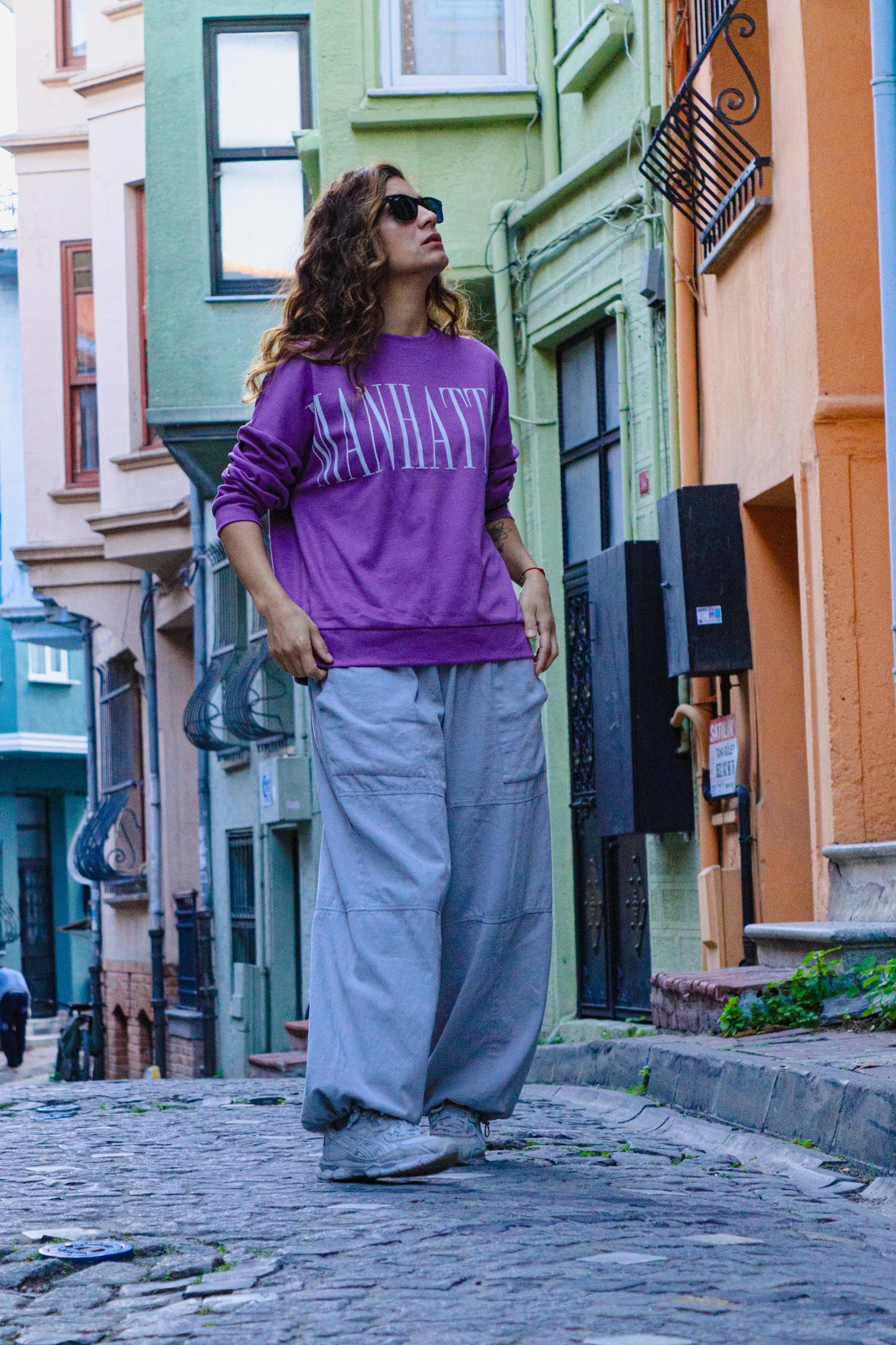 Purple Manhattan Sweatshirt | Oversized Unisex Pullover | Boho Streetwear Gift | Cozy Cotton Blend Crewneck | Handmade Casual Fall Sweater