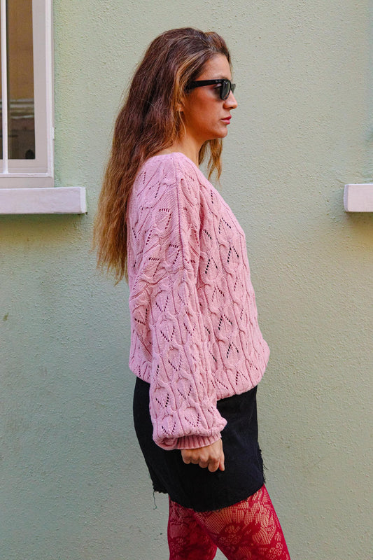 Pastel Pink Boho Knit Sweater for Women | Handmade Cozy Oversized Pullover | Soft Cotton Acrylic Knitwear | Fall Winter Gift for Her