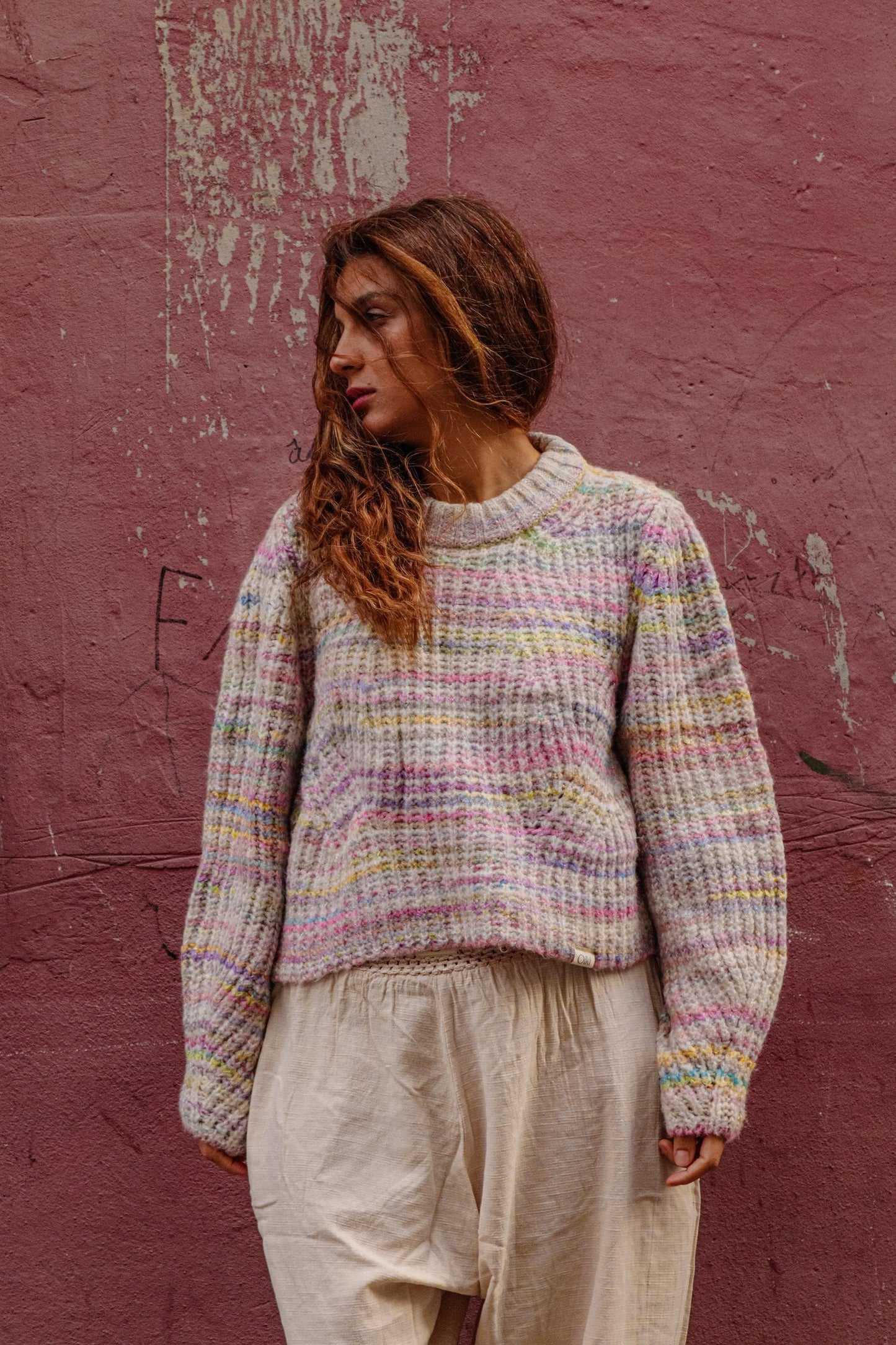 Pastel Chunky Knit Sweater - Boho Multicolor Wool Blend Jumper, Cozy Pullover, Soft Textured Knitwear for Fall Winter Cold Days