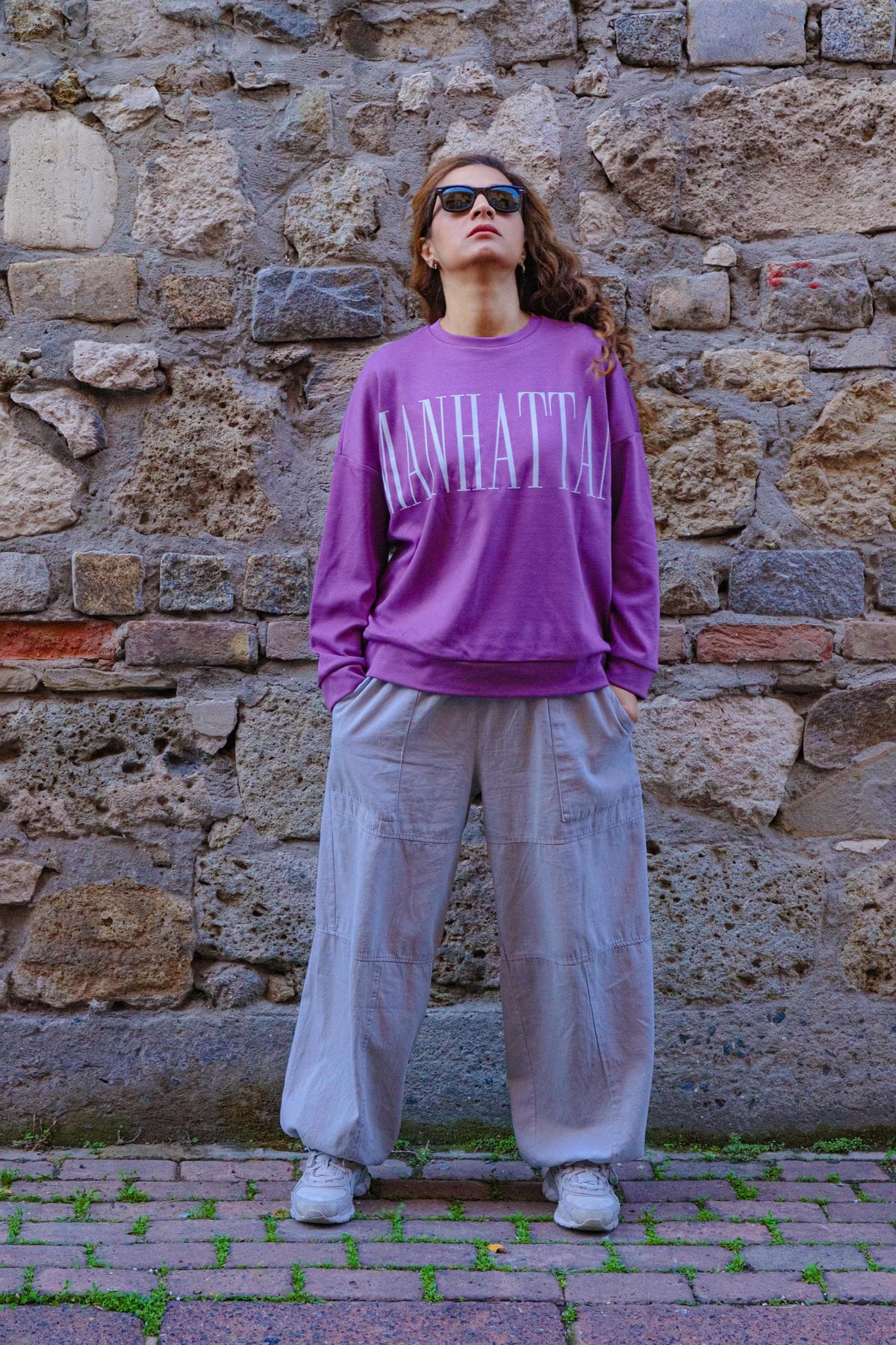 Unisex Taş Gri Bağcıklı Bol Pantolon