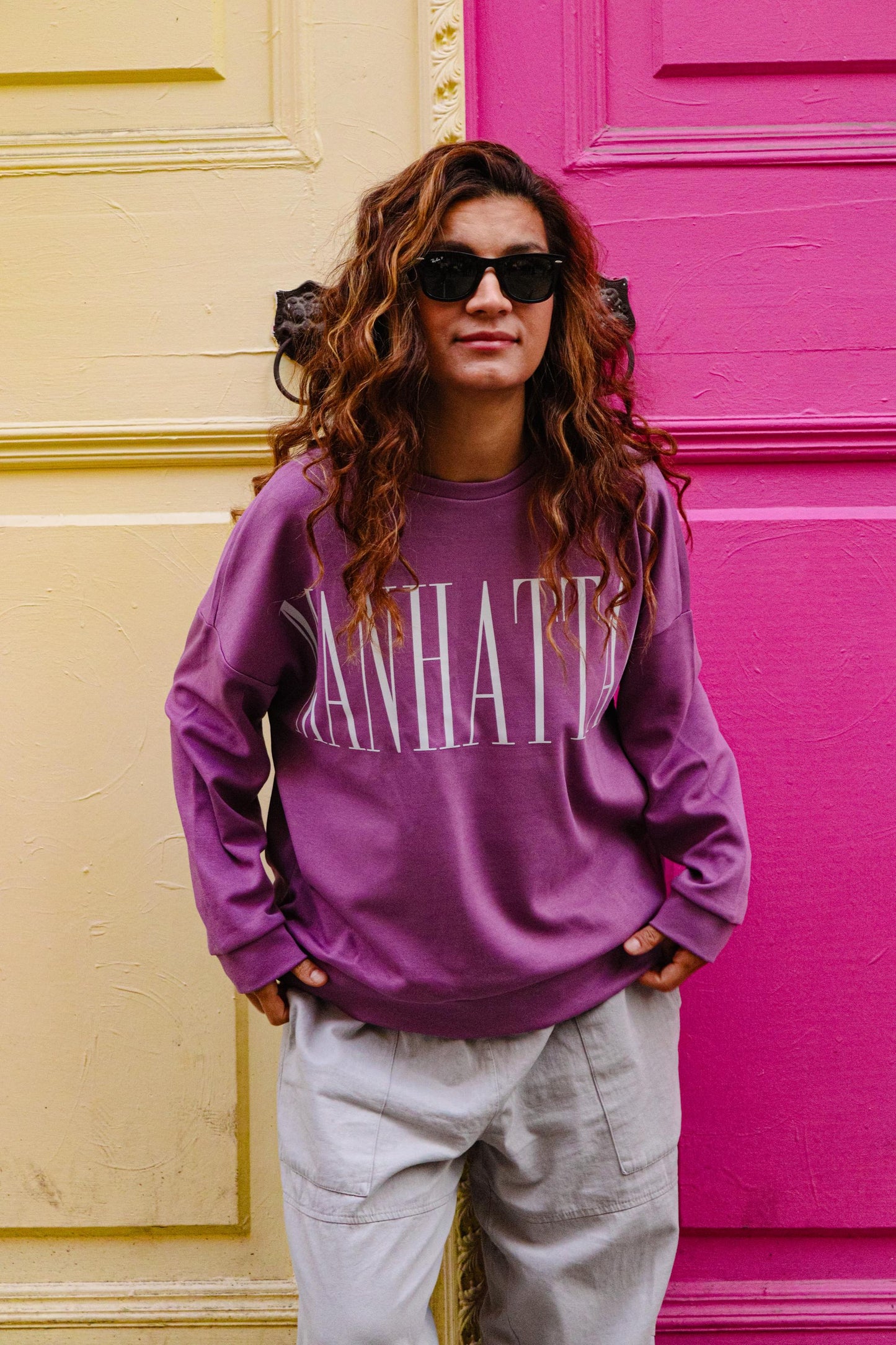 Purple Manhattan Sweatshirt | Oversized Unisex Pullover | Boho Streetwear Gift | Cozy Cotton Blend Crewneck | Handmade Casual Fall Sweater