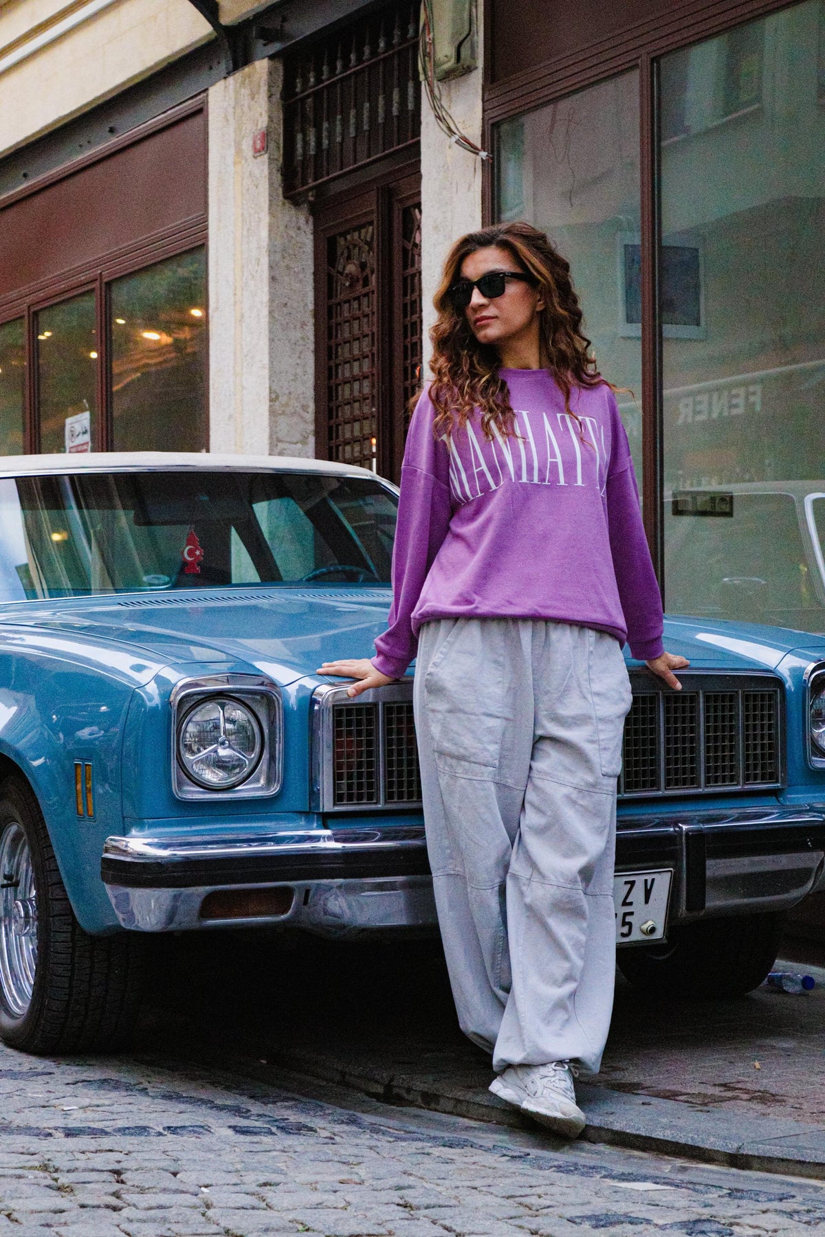 Mor Manhattan Bol Kesim Sweatshirt