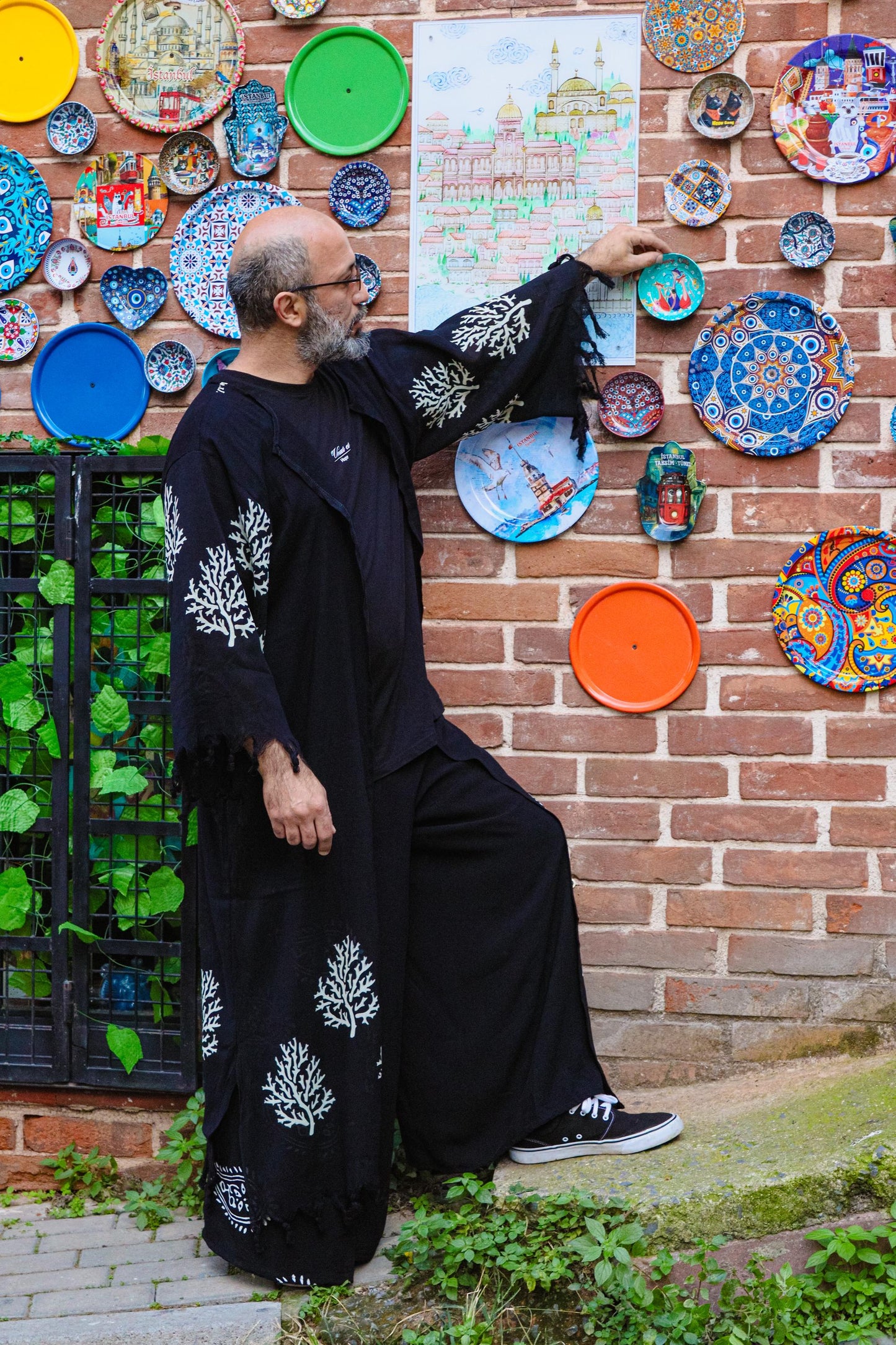 Hand-Printed 100% Linen Kimono Jacket • Unisex Long Open-Front Robe • Artisan Tree Print • Bohemian Layer