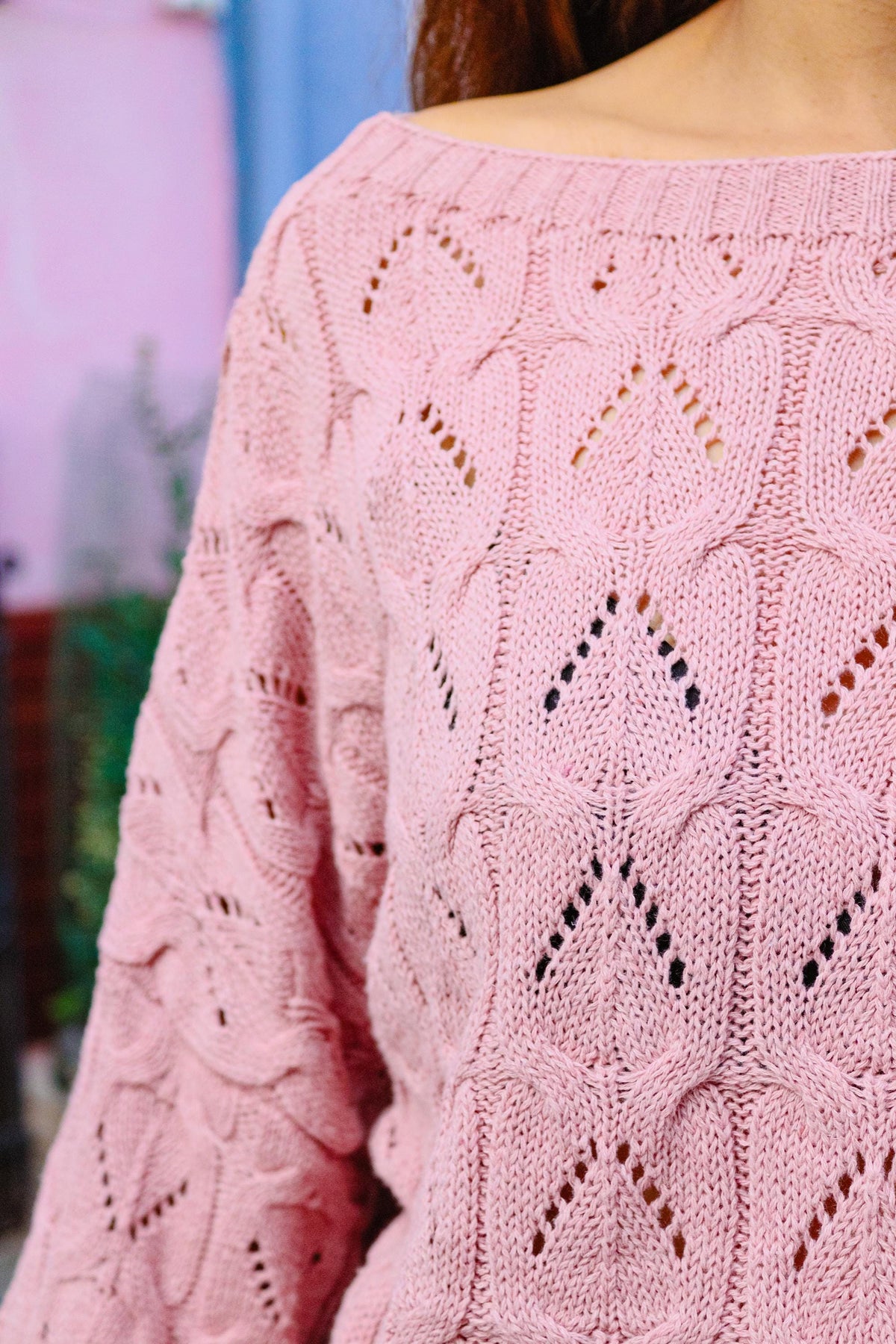 Pastel Pembe Bohem Örgü Kazak