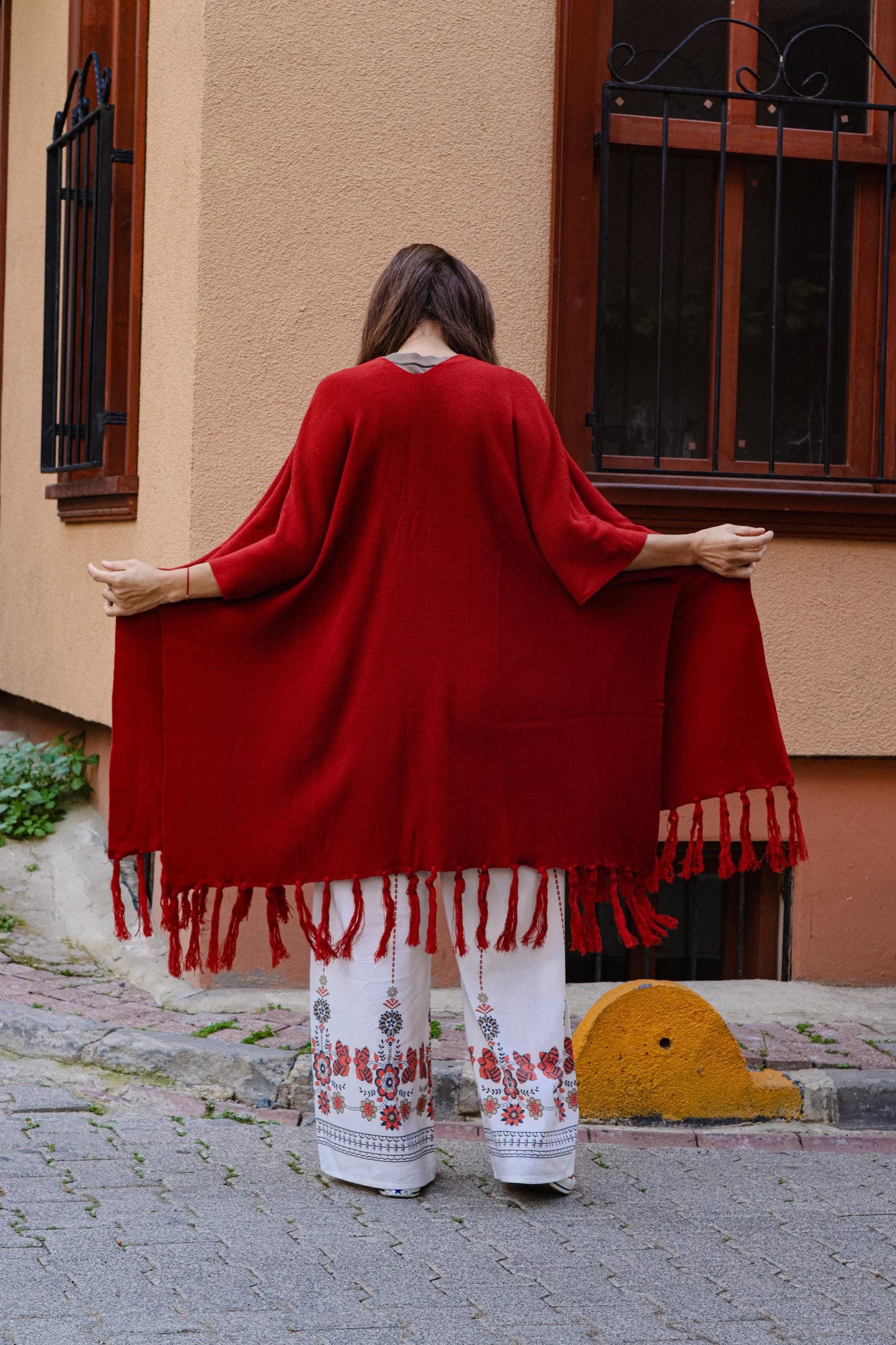 Red Boho Fringe Open-Front Woven Poncho • Lightweight Unisex Kimono Wrap • Festival Layering Shawl