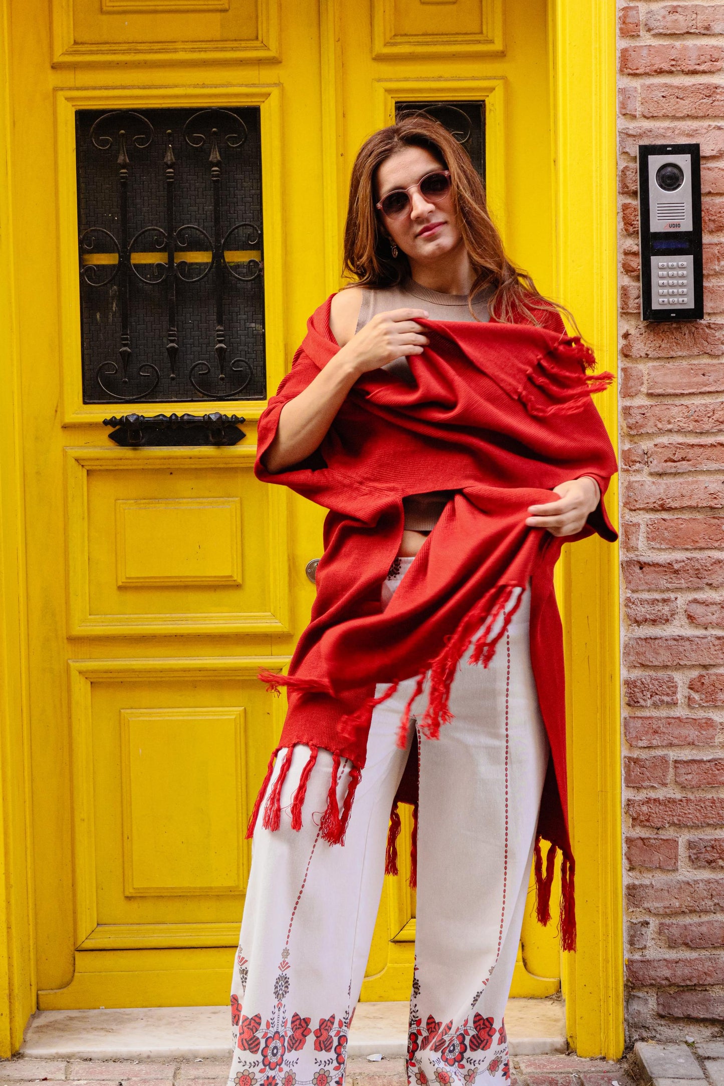Red Boho Fringe Open-Front Woven Poncho • Lightweight Unisex Kimono Wrap • Festival Layering Shawl