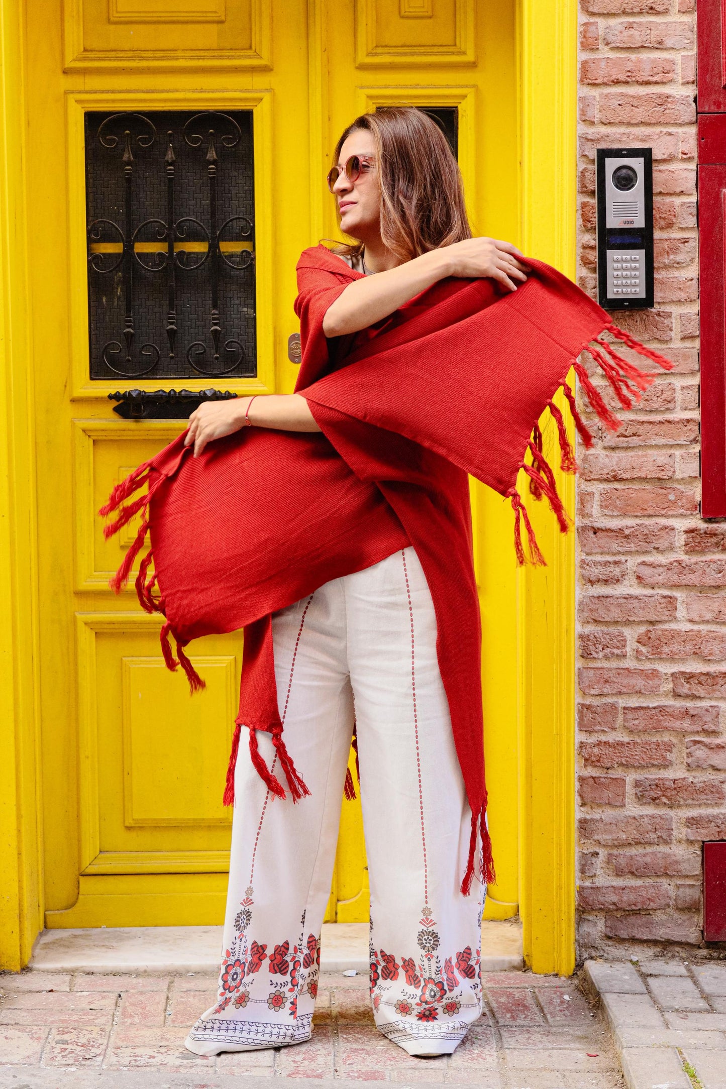 Red Boho Fringe Open-Front Woven Poncho • Lightweight Unisex Kimono Wrap • Festival Layering Shawl