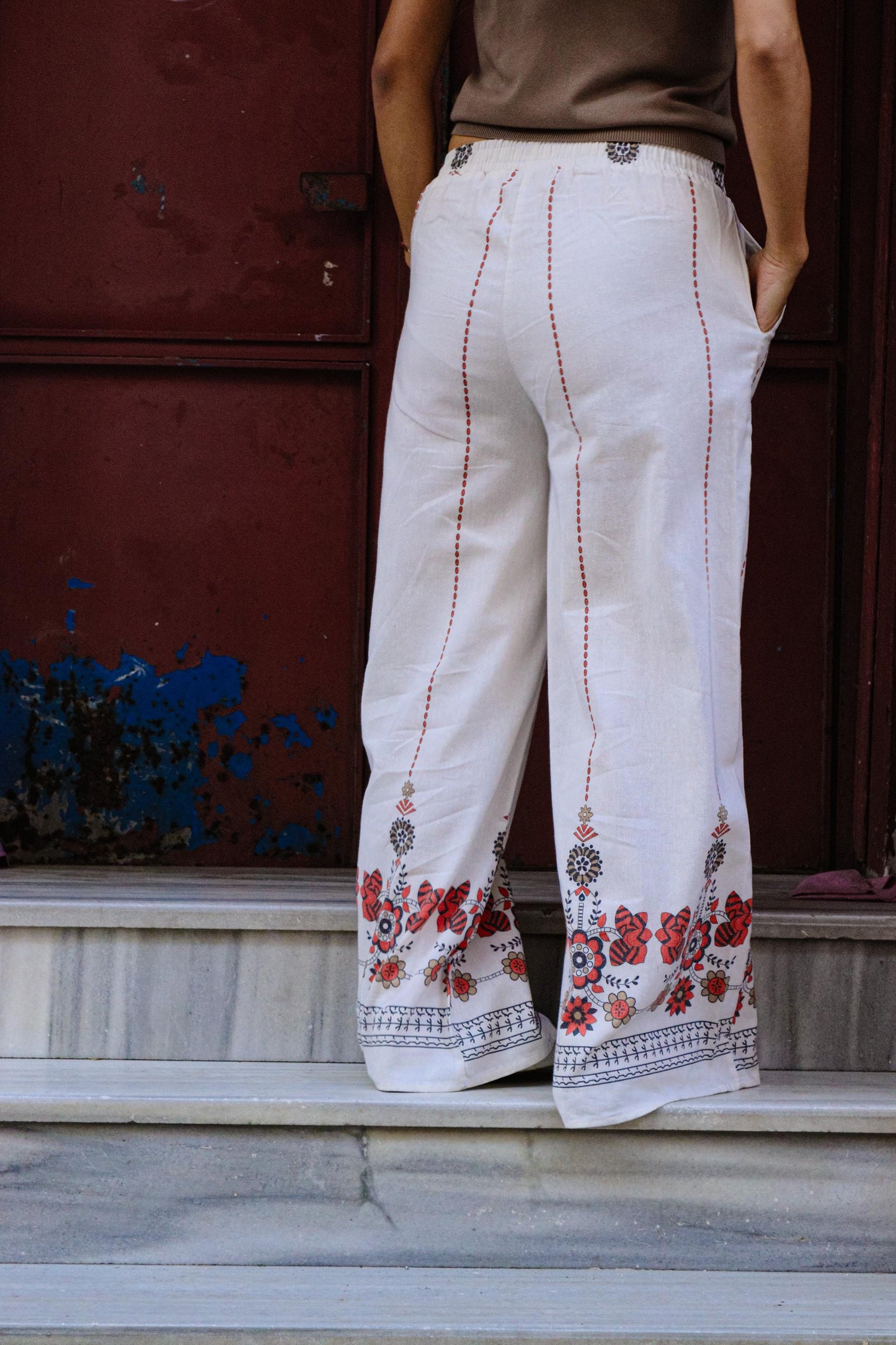 Boho Wide Leg White Floral Embroidered Pants Summer Linen Look High Waist Casual Festival Trousers