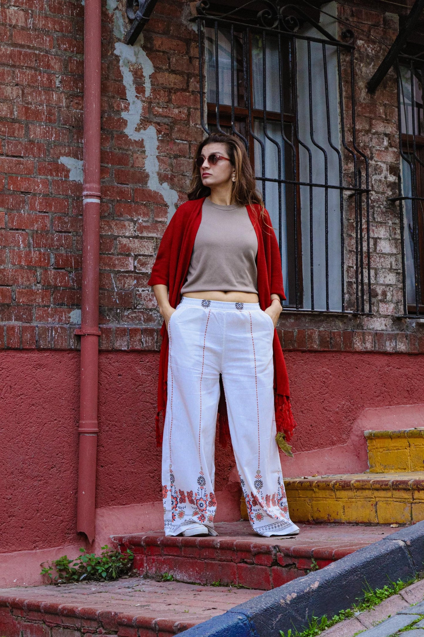 Boho Wide Leg White Floral Embroidered Pants Summer Linen Look High Waist Casual Festival Trousers