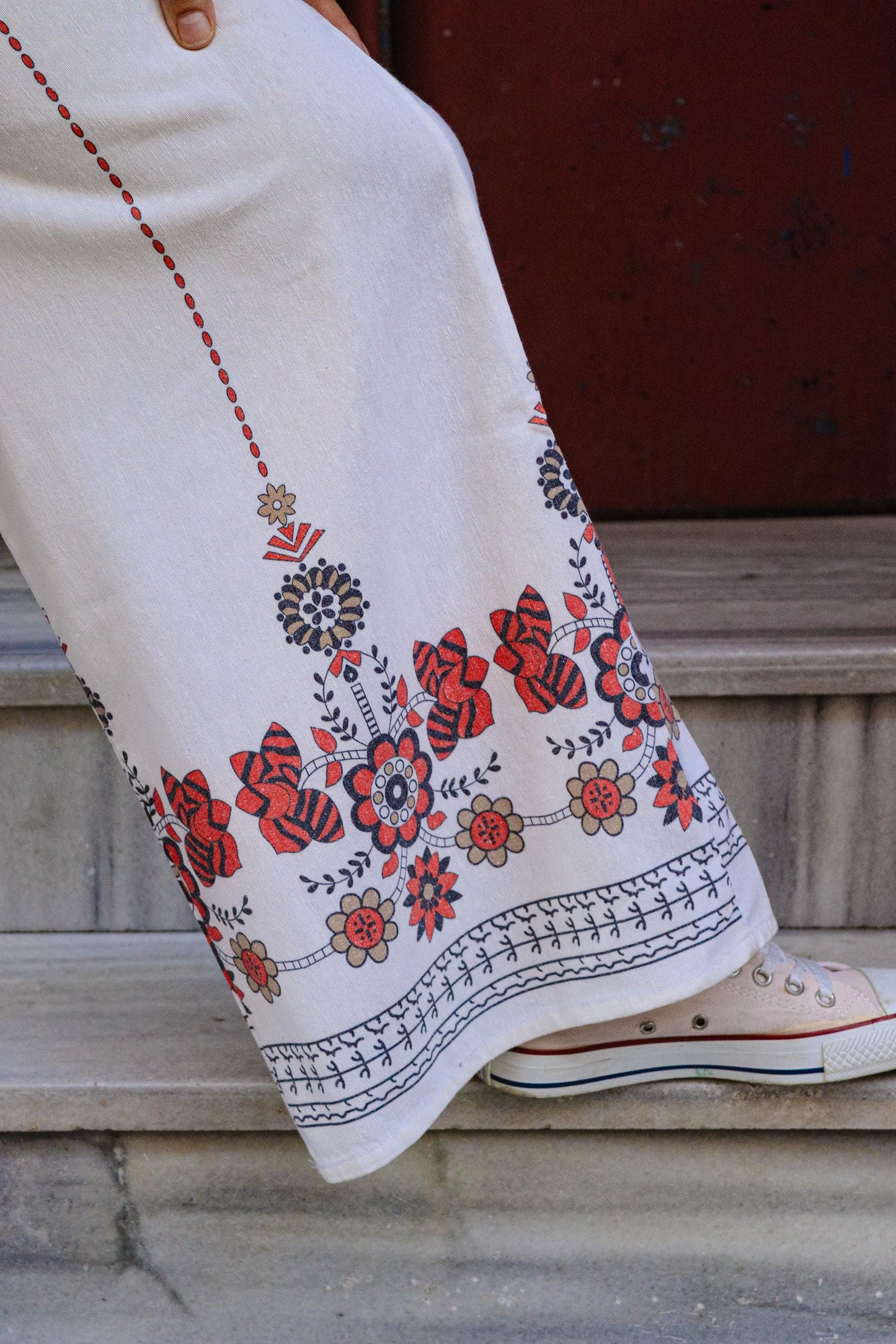 Boho Wide Leg White Floral Embroidered Pants Summer Linen Look High Waist Casual Festival Trousers