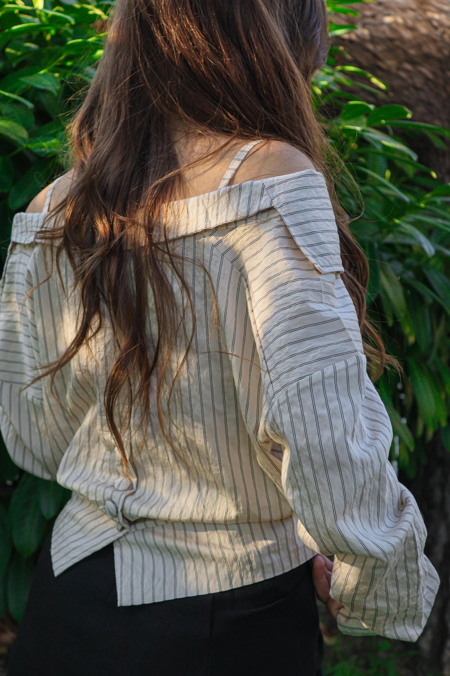 Off Shoulder Striped Cotton Blouse Seersucker Wrap Top Boho Long Sleeve Romantic Shirt Women