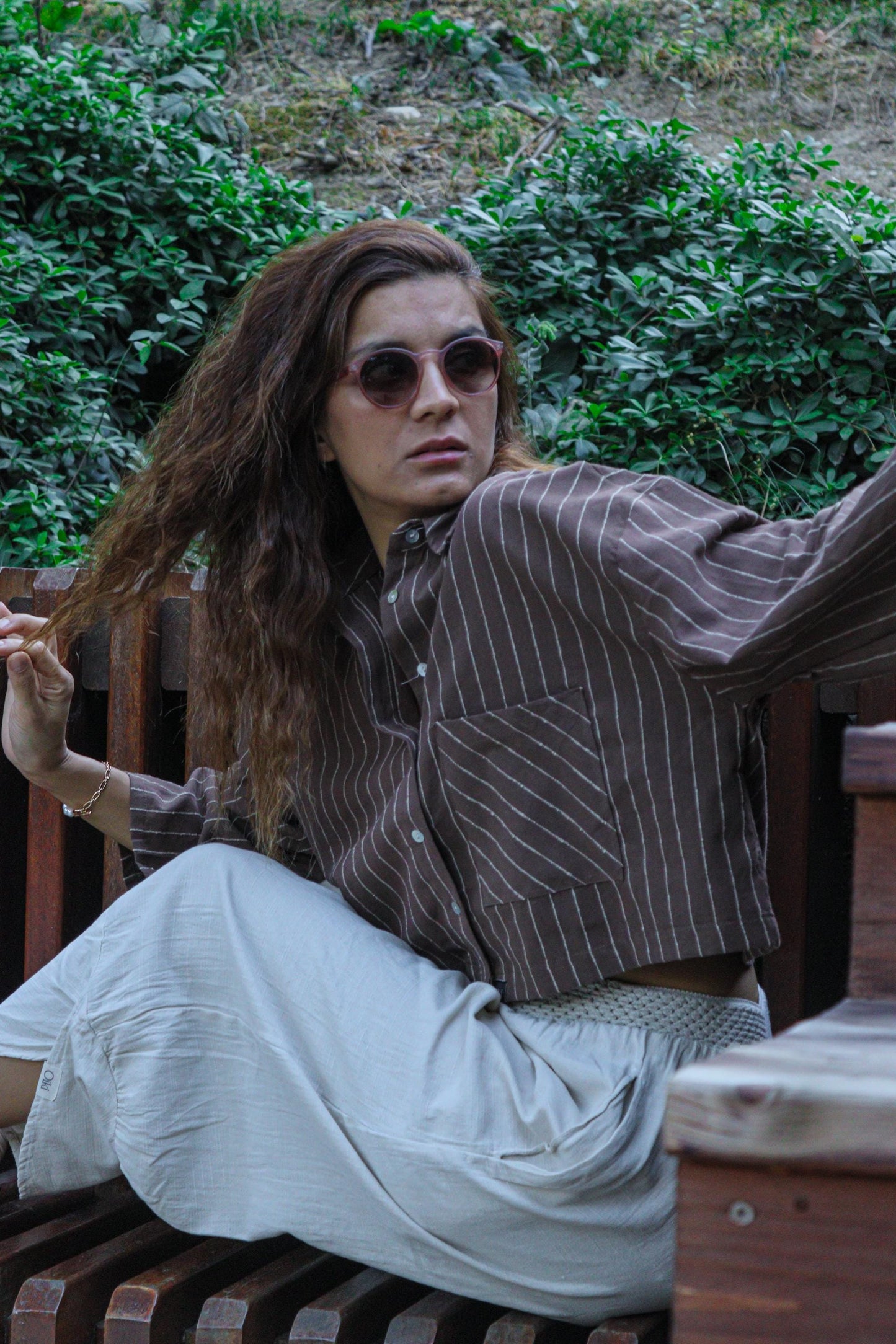 Brown Striped Boho Linen Cotton Short Shirt – Oversized Free Size Loose Fit Cropped Blouse, Unisex Bohemian Festival Yoga Clothing