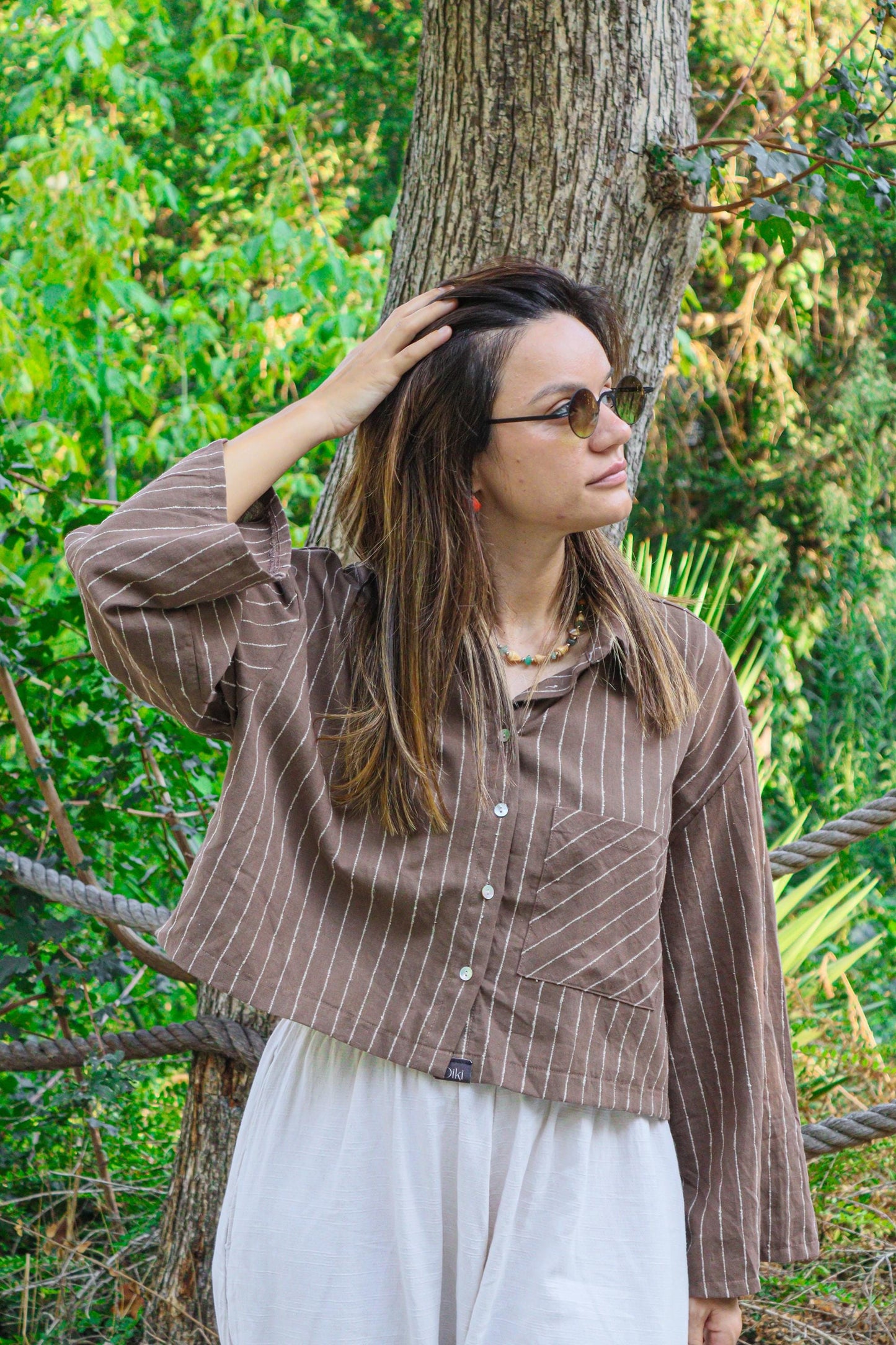 Brown Striped Boho Linen Cotton Short Shirt – Oversized Free Size Loose Fit Cropped Blouse, Unisex Bohemian Festival Yoga Clothing