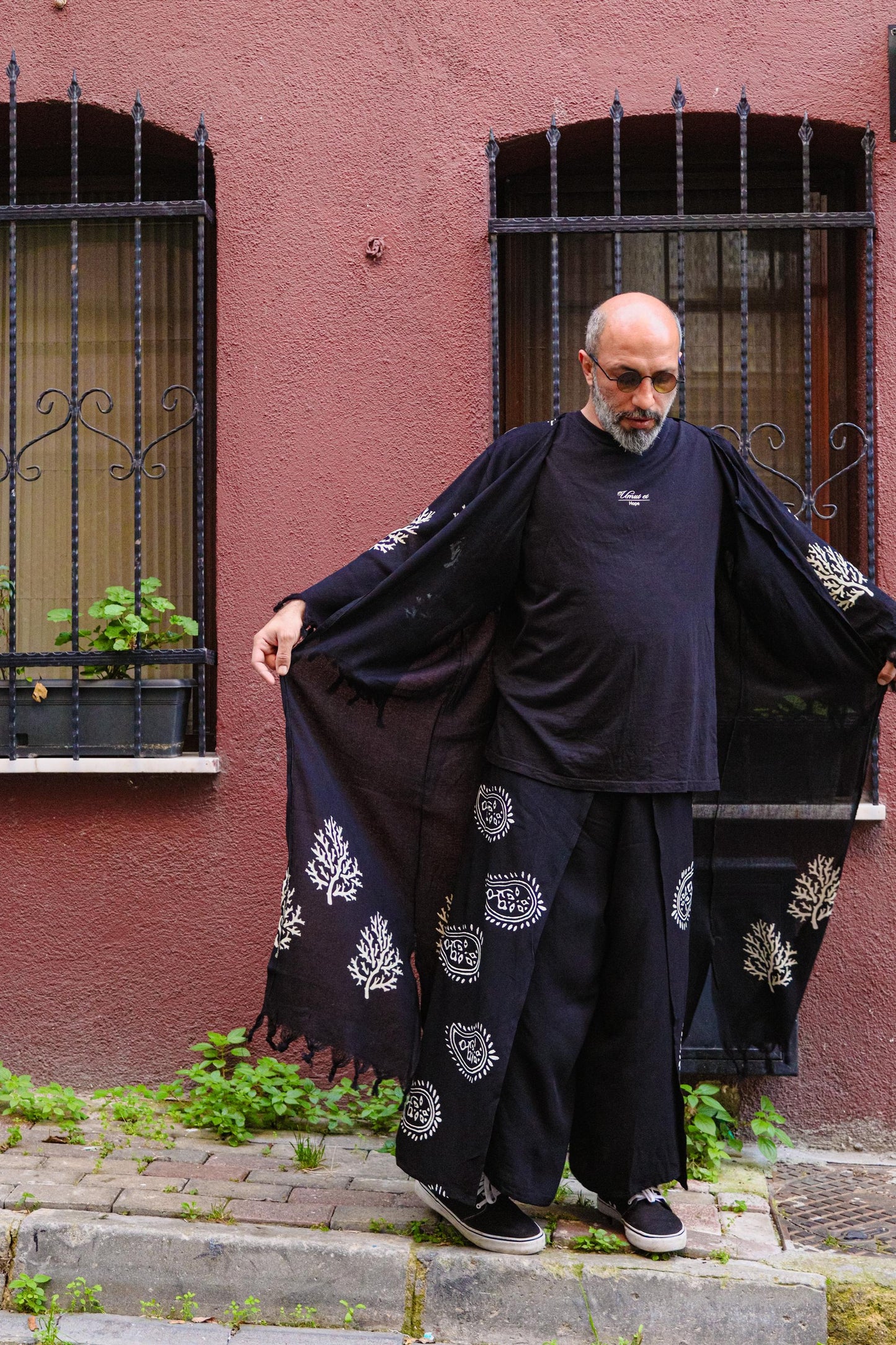 Hand-Printed 100% Linen Kimono Jacket • Unisex Long Open-Front Robe • Artisan Tree Print • Bohemian Layer