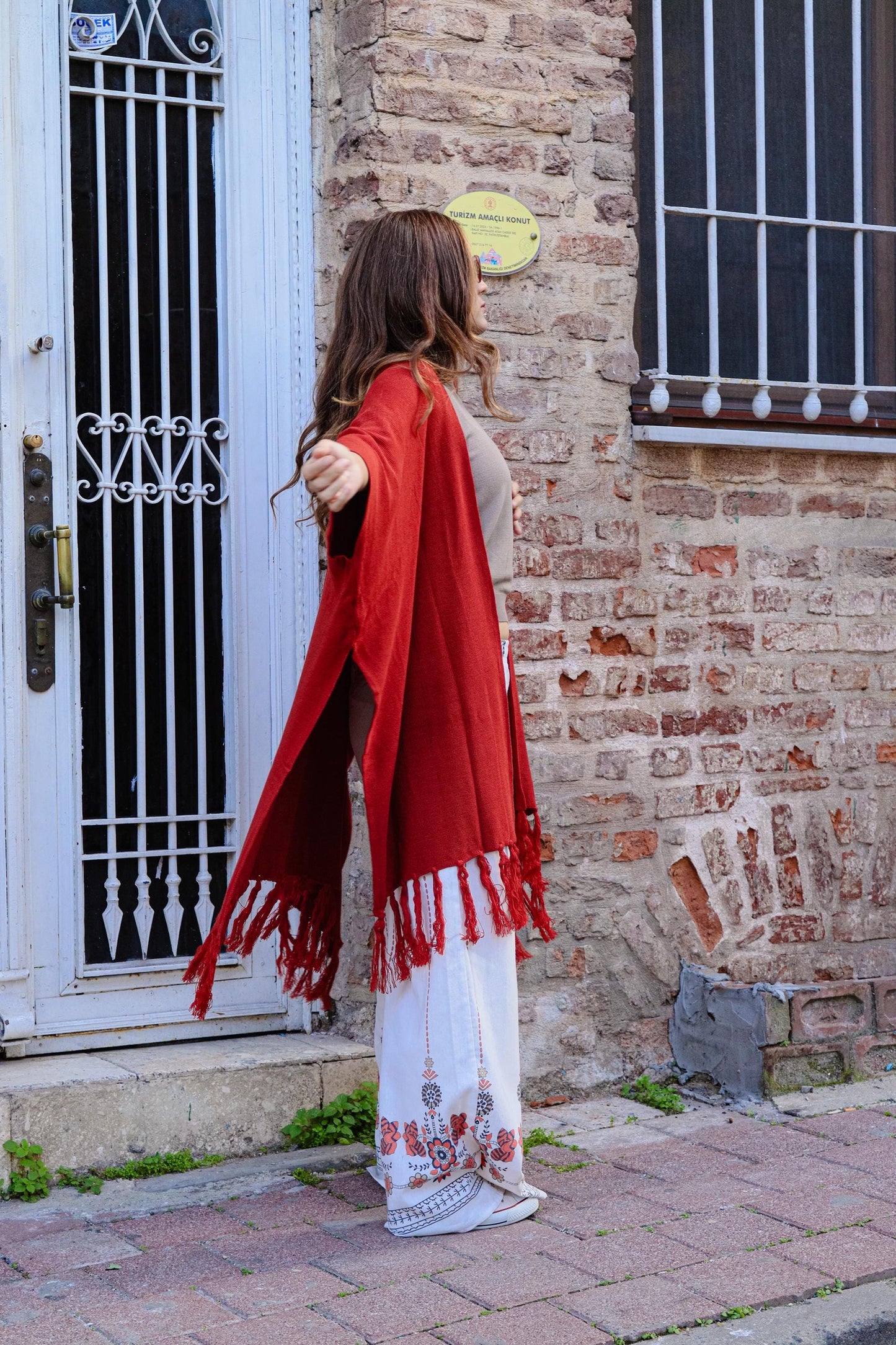 Red Boho Fringe Open-Front Woven Poncho • Lightweight Unisex Kimono Wrap • Festival Layering Shawl
