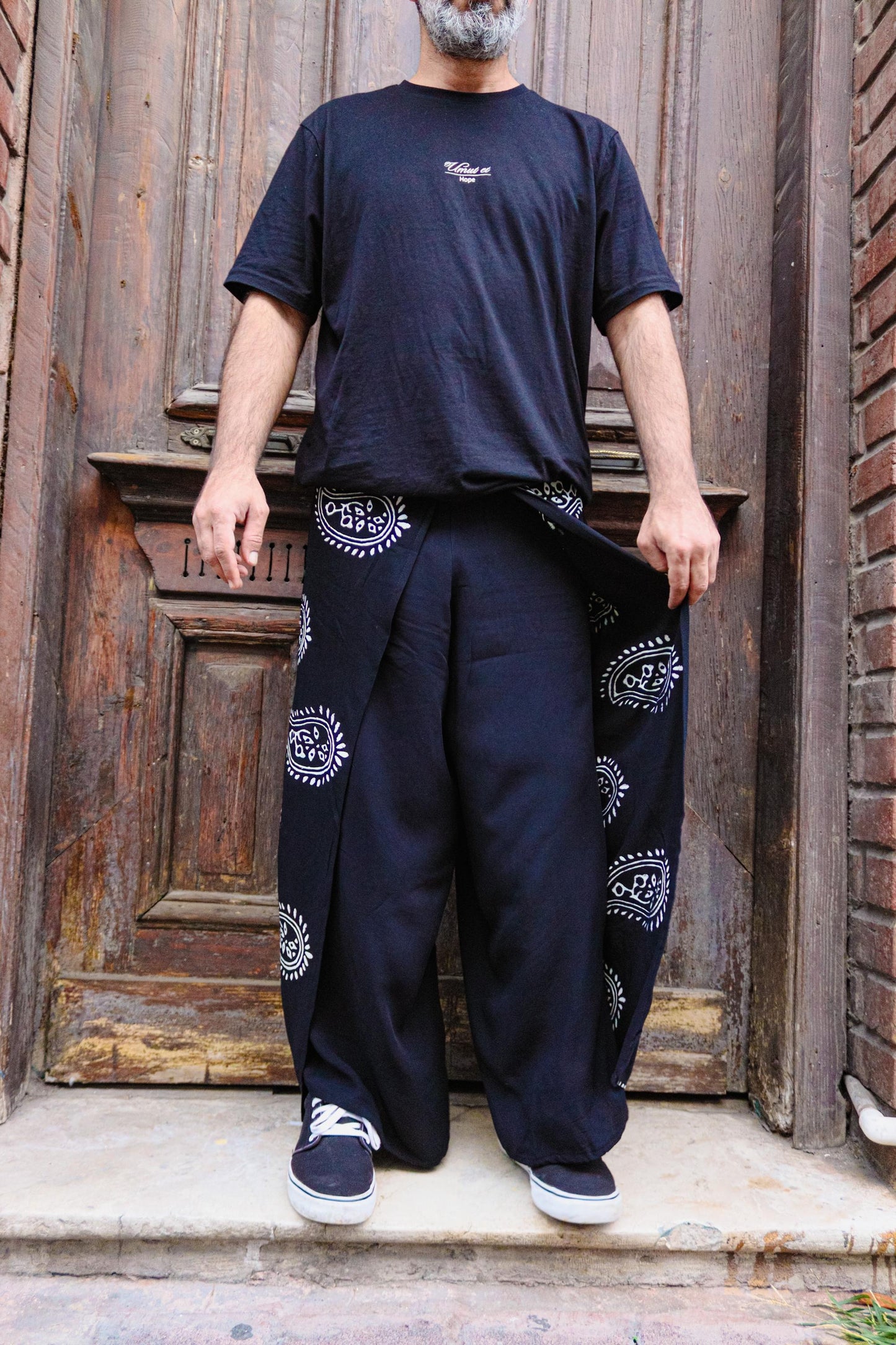 Boho Black Hand-Printed Wide-Leg Front-Flap Kimono Pants Unisex Gift for Him Her All Seasons