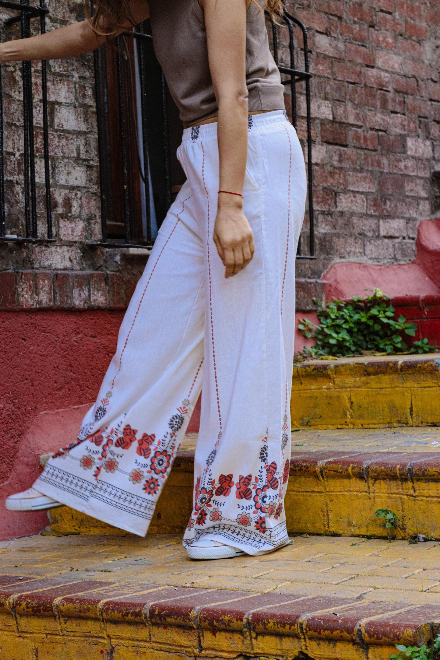 Boho Wide Leg White Floral Embroidered Pants Summer Linen Look High Waist Casual Festival Trousers
