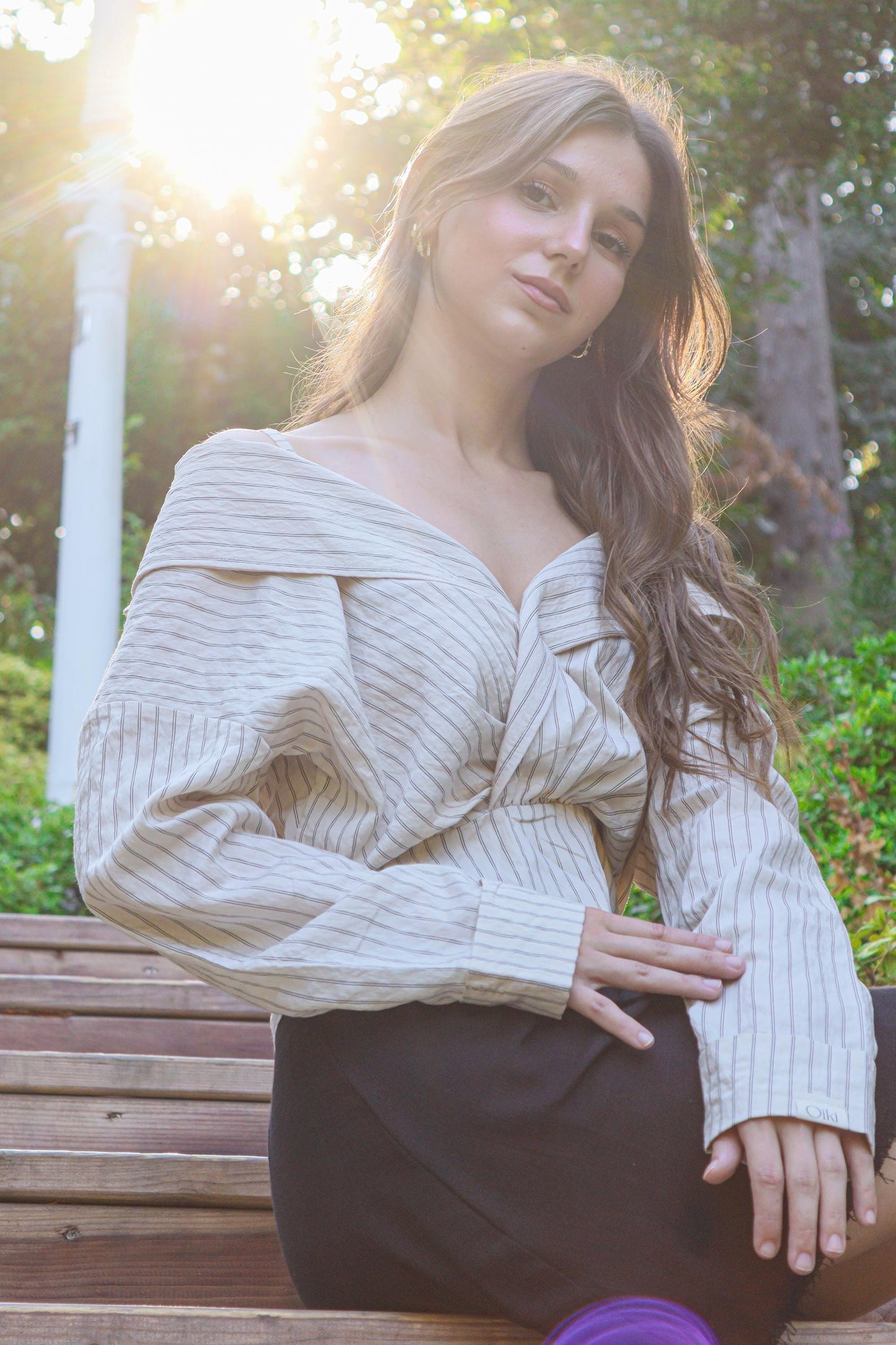 Off Shoulder Striped Cotton Blouse Seersucker Wrap Top Boho Long Sleeve Romantic Shirt Women