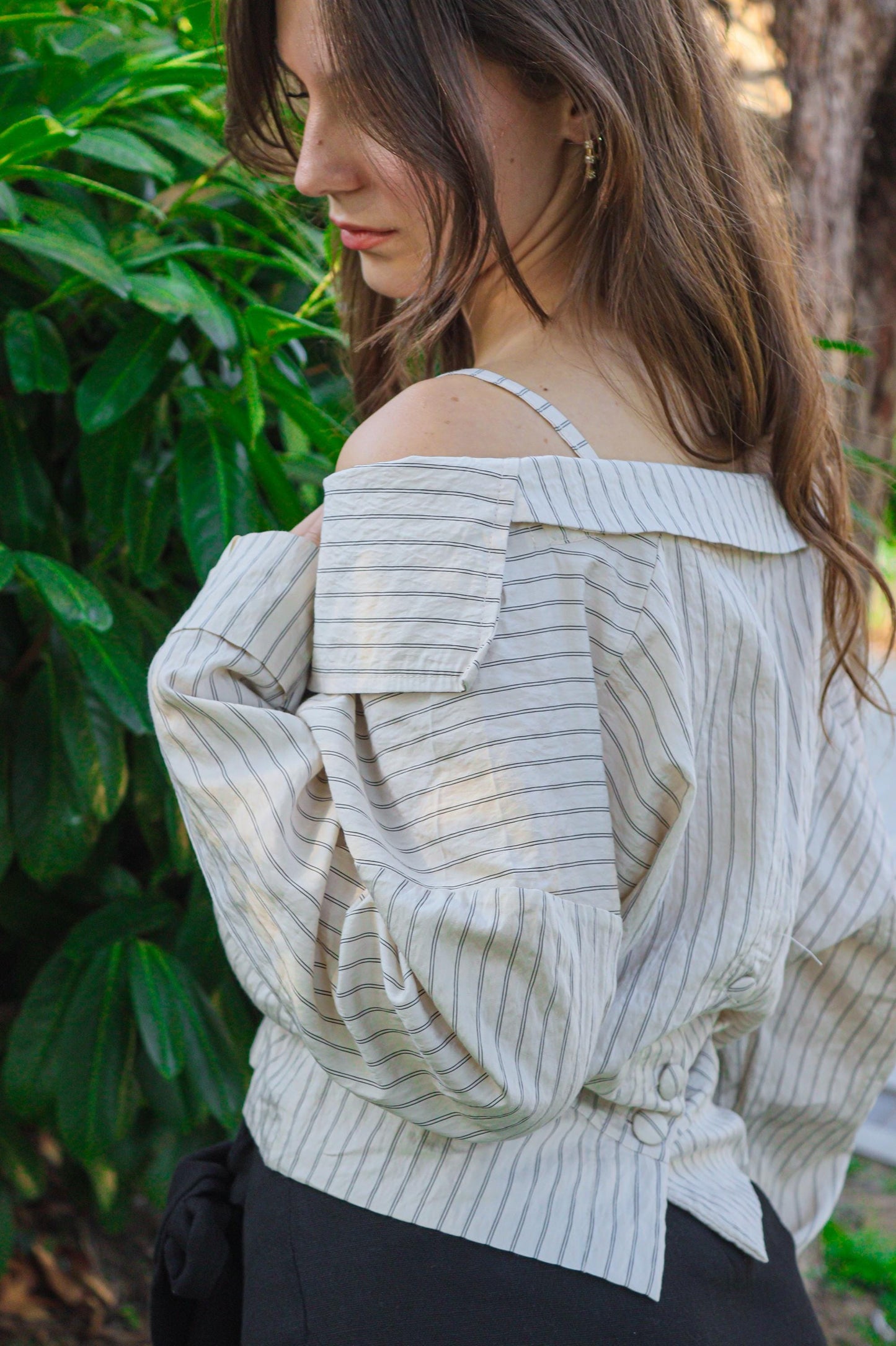 Off Shoulder Striped Cotton Blouse Seersucker Wrap Top Boho Long Sleeve Romantic Shirt Women