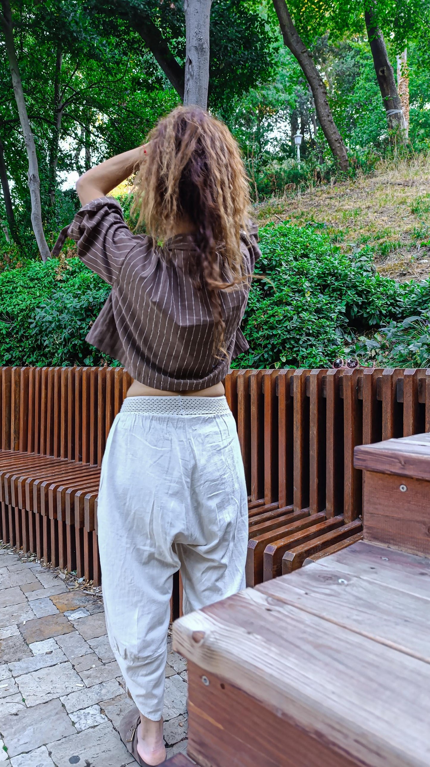 Brown Striped Boho Linen Cotton Short Shirt – Oversized Free Size Loose Fit Cropped Blouse, Unisex Bohemian Festival Yoga Clothing