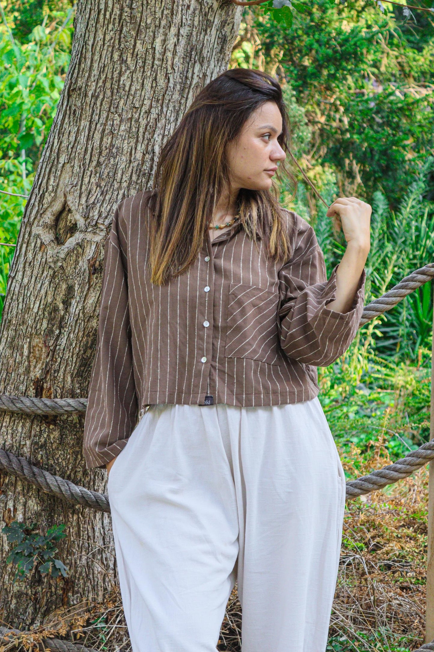 Brown Striped Boho Linen Cotton Short Shirt – Oversized Free Size Loose Fit Cropped Blouse, Unisex Bohemian Festival Yoga Clothing