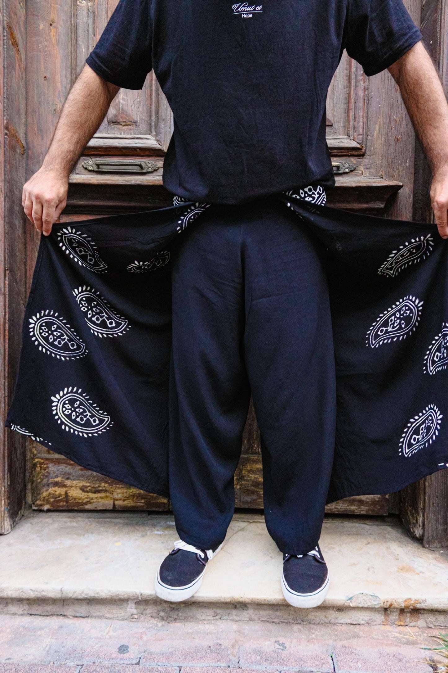 Boho Black Hand-Printed Wide-Leg Front-Flap Kimono Pants Unisex Gift for Him Her All Seasons