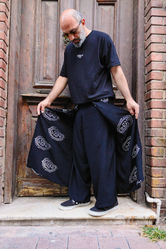 Boho Black Hand-Printed Wide-Leg Front-Flap Kimono Pants Unisex Gift for Him Her All Seasons