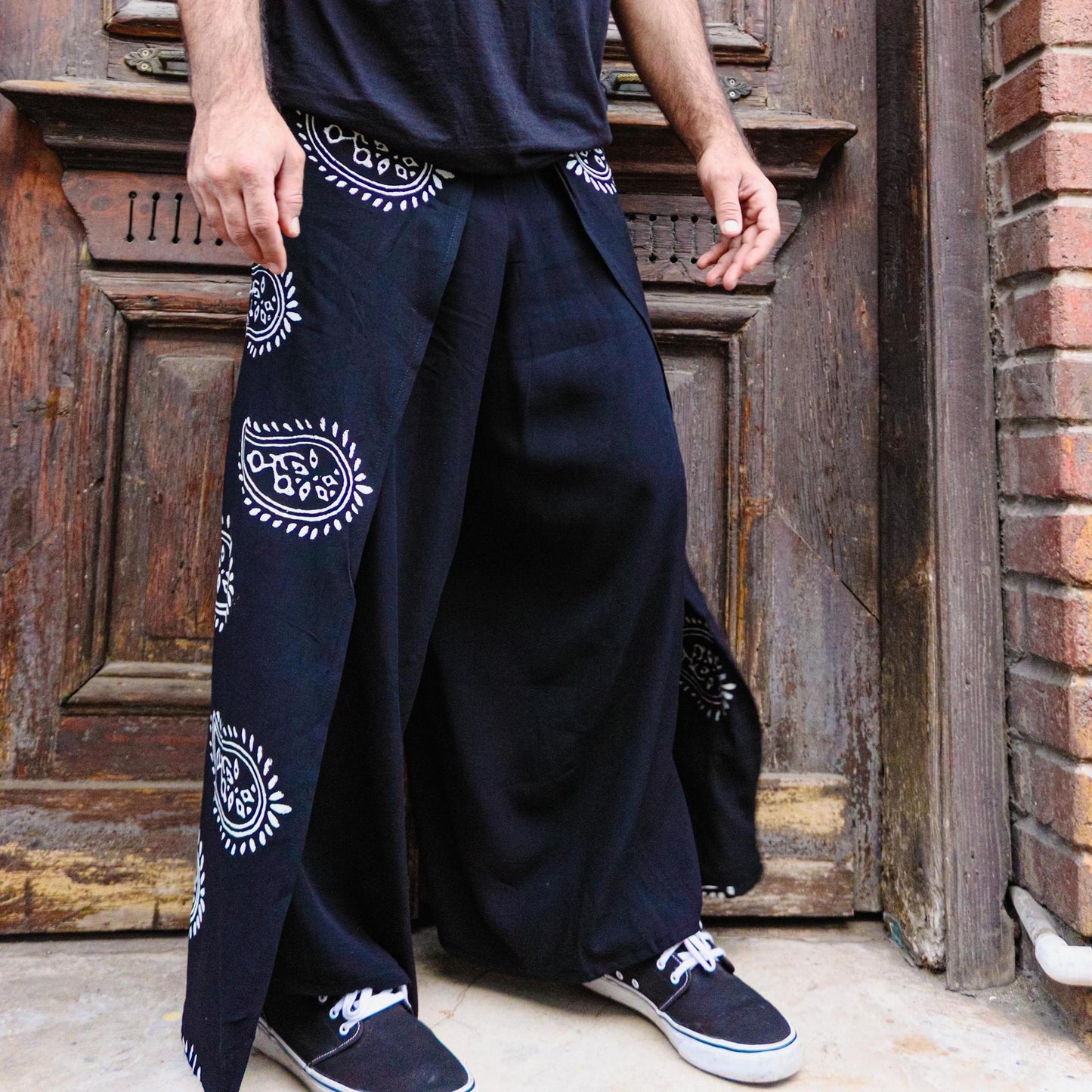 Boho Black Hand-Printed Wide-Leg Front-Flap Kimono Pants Unisex Gift for Him Her All Seasons