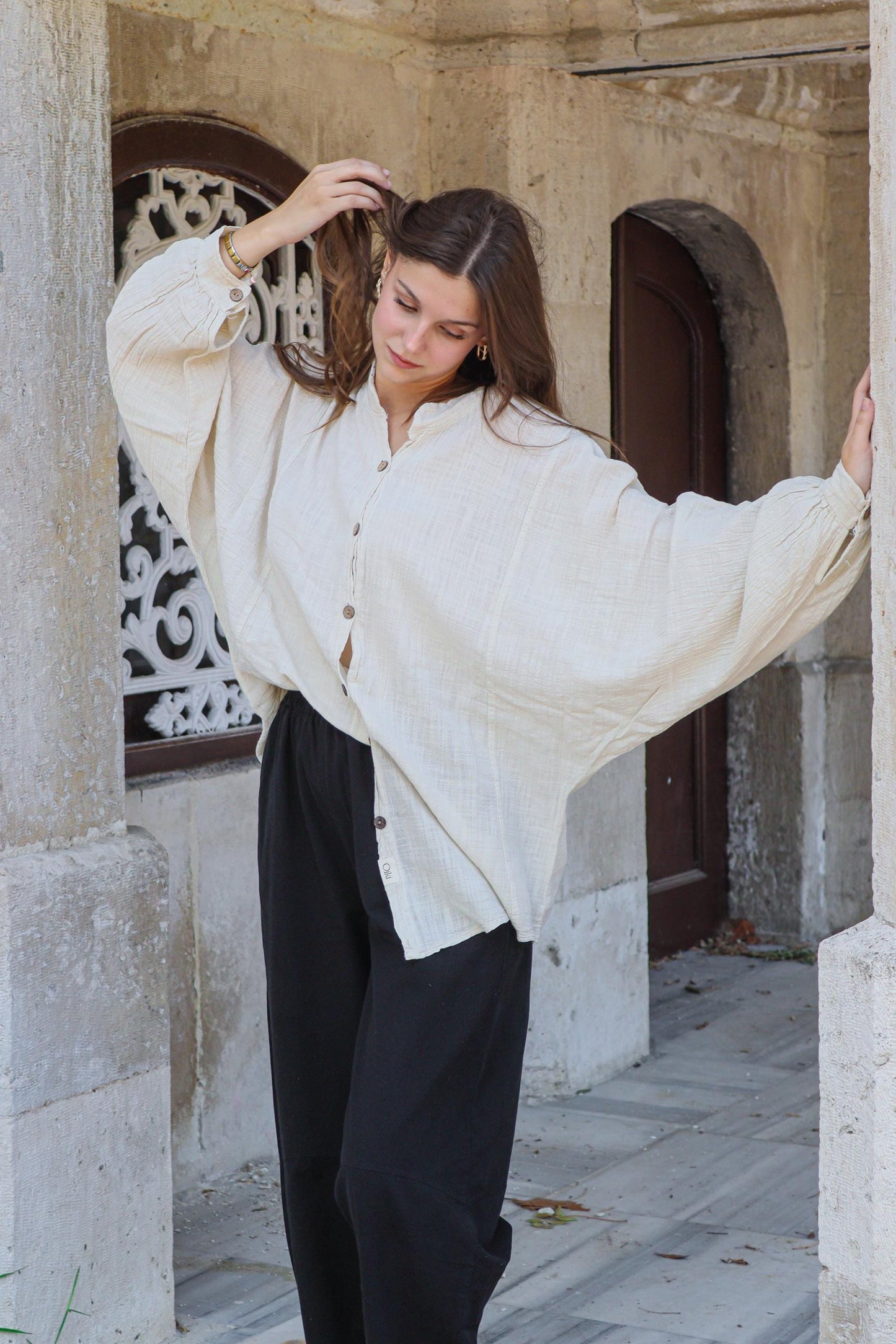Boho Cotton Cream shirt - Oversized Loose Fit Blouse Linen Lightweight Fabric Breathable wide Underarm Top - Unisex Bohemian Shirt - Soft