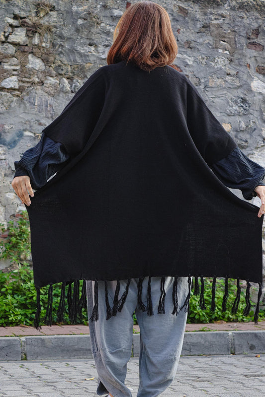 Black Wool Cotton Blend Shawl Kimono Poncho Boho Layered Fringe Minimal Unisex Outerwear