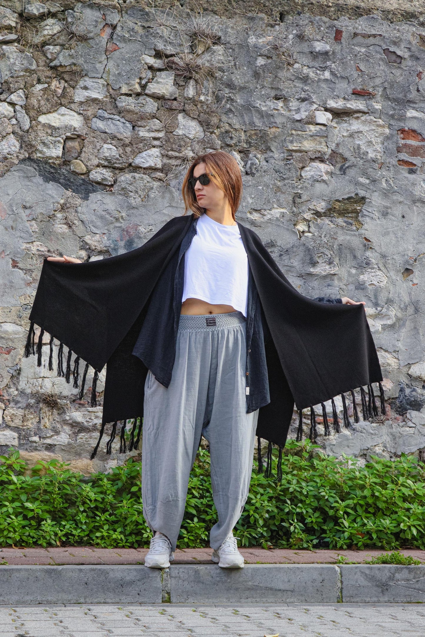 Black Wool Cotton Blend Shawl Kimono Poncho Boho Layered Fringe Minimal Unisex Outerwear
