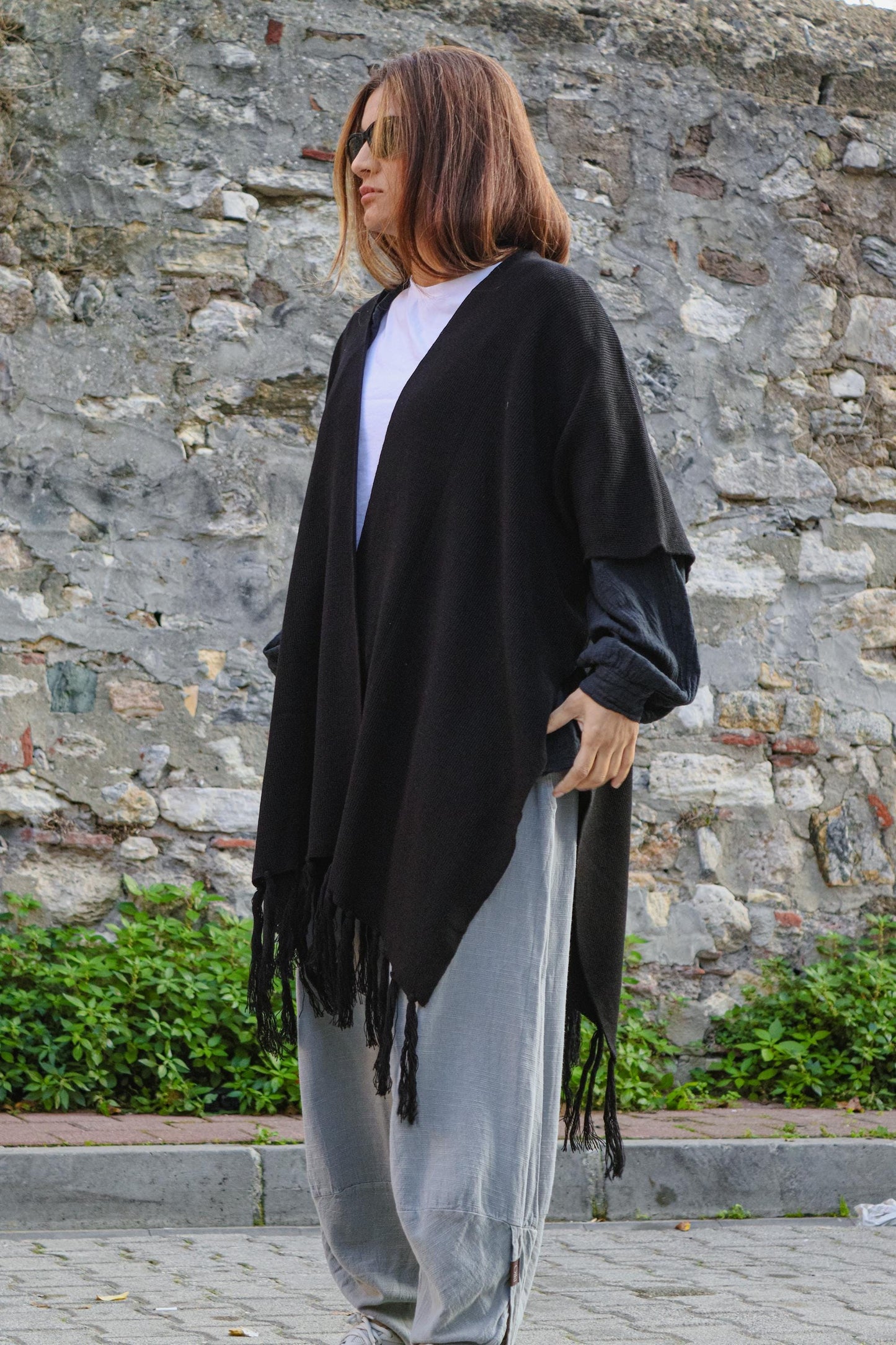 Black Wool Cotton Blend Shawl Kimono Poncho Boho Layered Fringe Minimal Unisex Outerwear