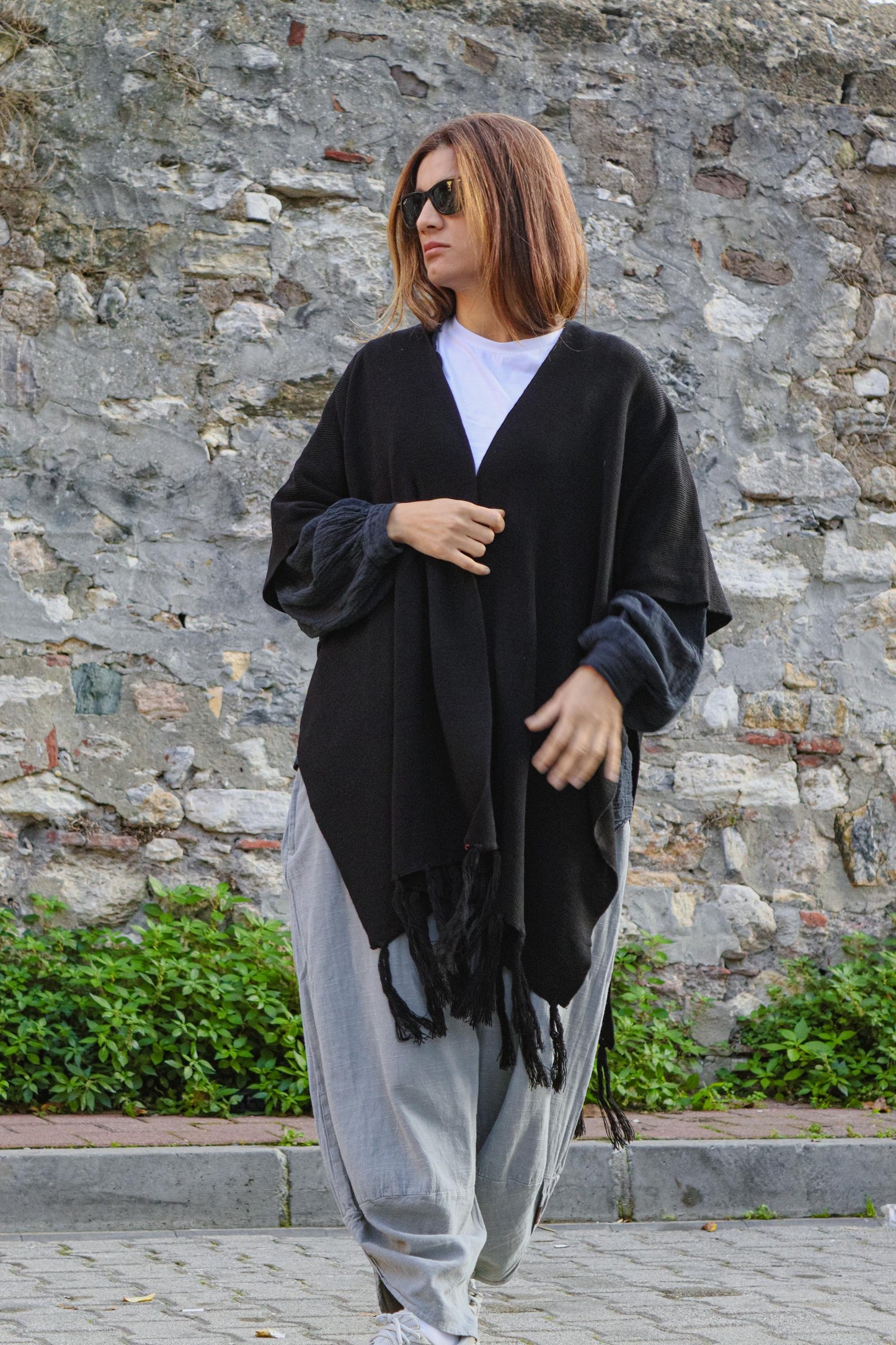 Black Wool Cotton Blend Shawl Kimono Poncho Boho Layered Fringe Minimal Unisex Outerwear