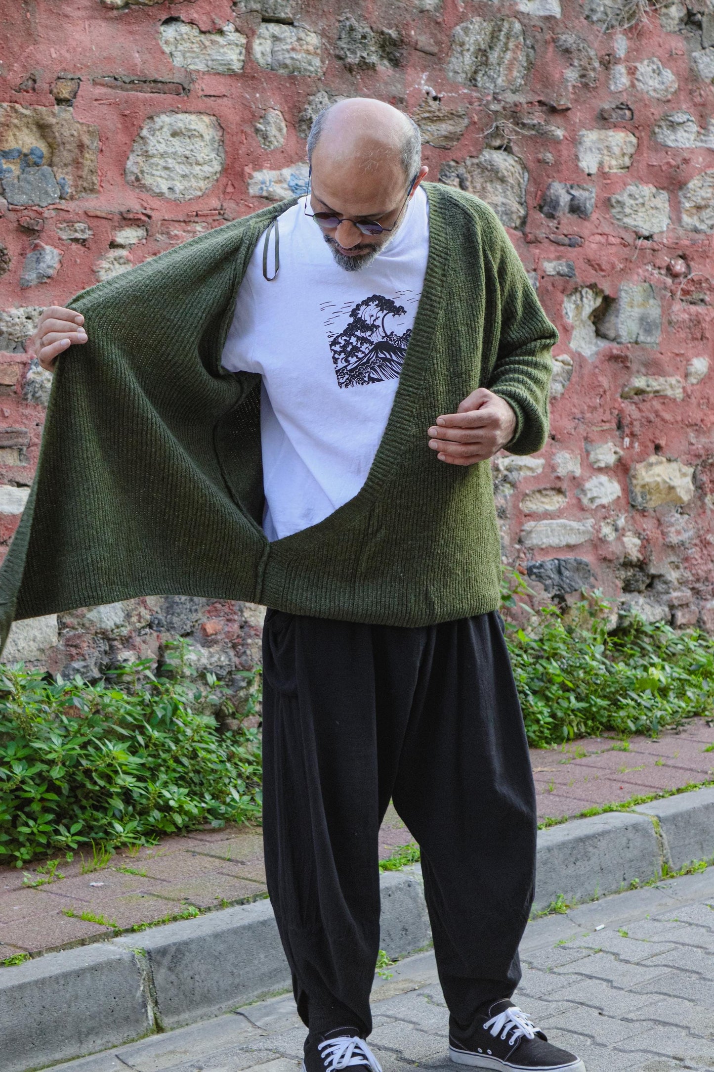 Boho Knit Wrap Sweater Unisex Green Side Tie Relaxed Fit Handmade All Season Layering Top