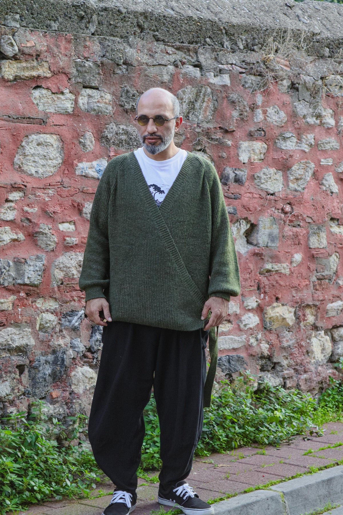 Yeşil Yan Bağlamalı Unisex Bohem Örgü Kazak