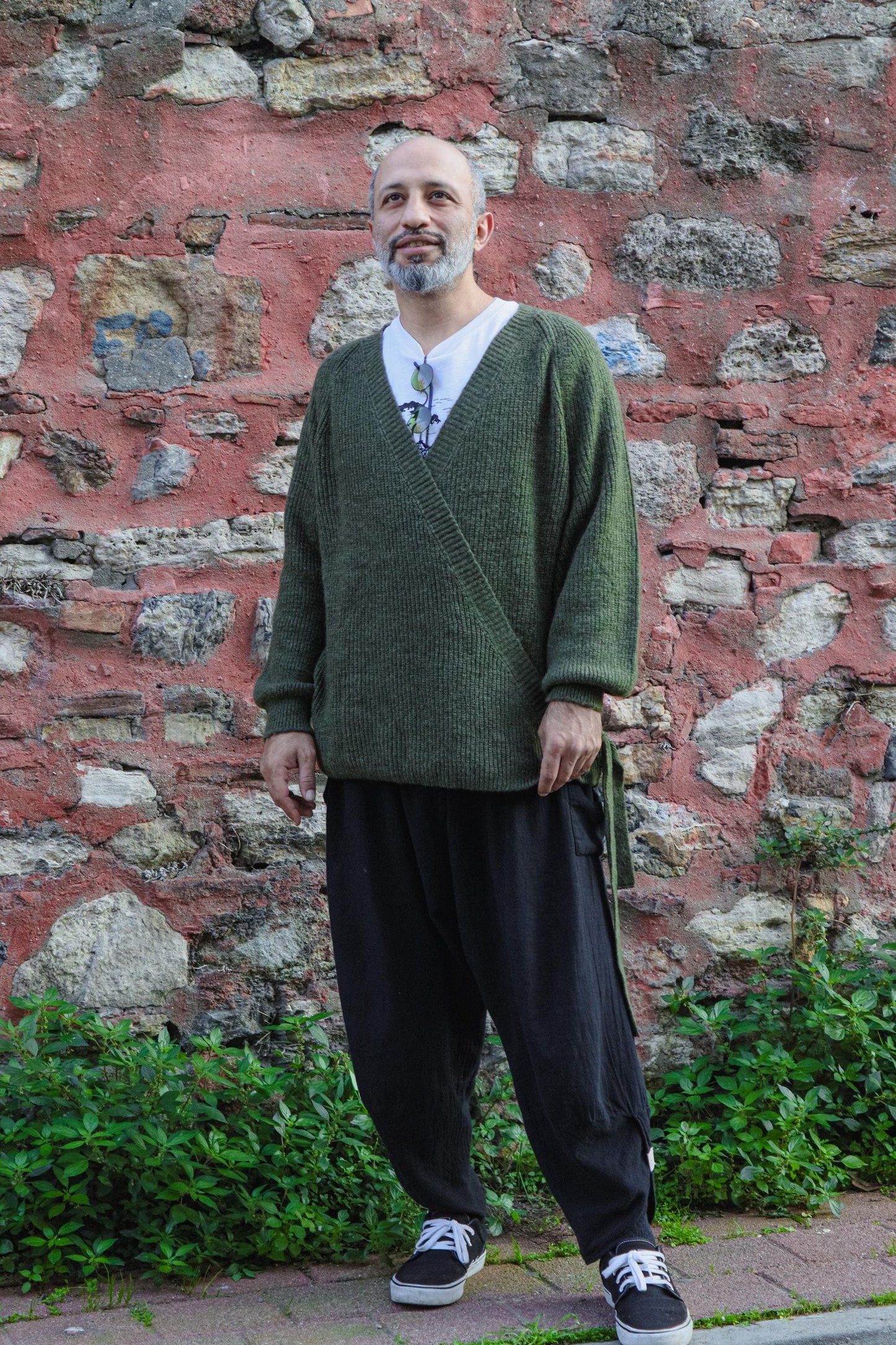 Boho Knit Wrap Sweater Unisex Green Side Tie Relaxed Fit Handmade All Season Layering Top