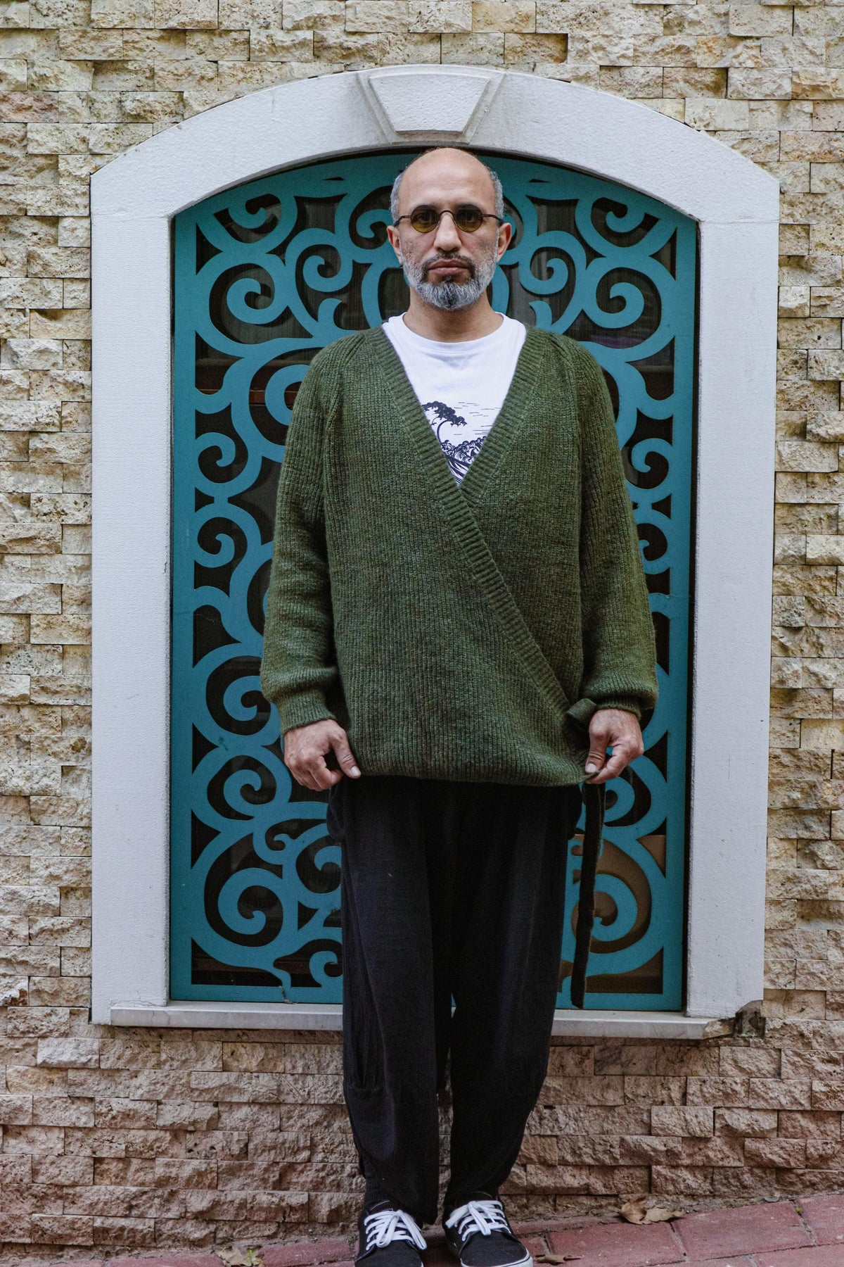Yeşil Yan Bağlamalı Unisex Bohem Örgü Kazak