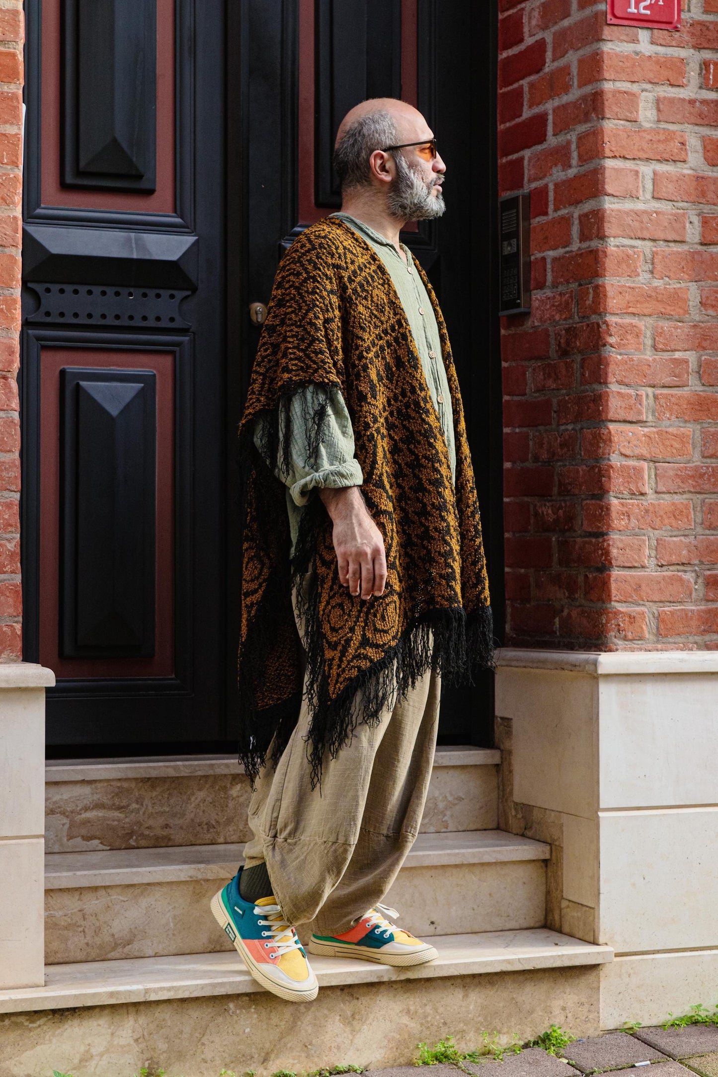Unisex Boho Poncho with Fringe – Oversized Ethnic Knit Festival Cape, Tribal Pattern Hippie Shawl, All Season Bohemian Wrap