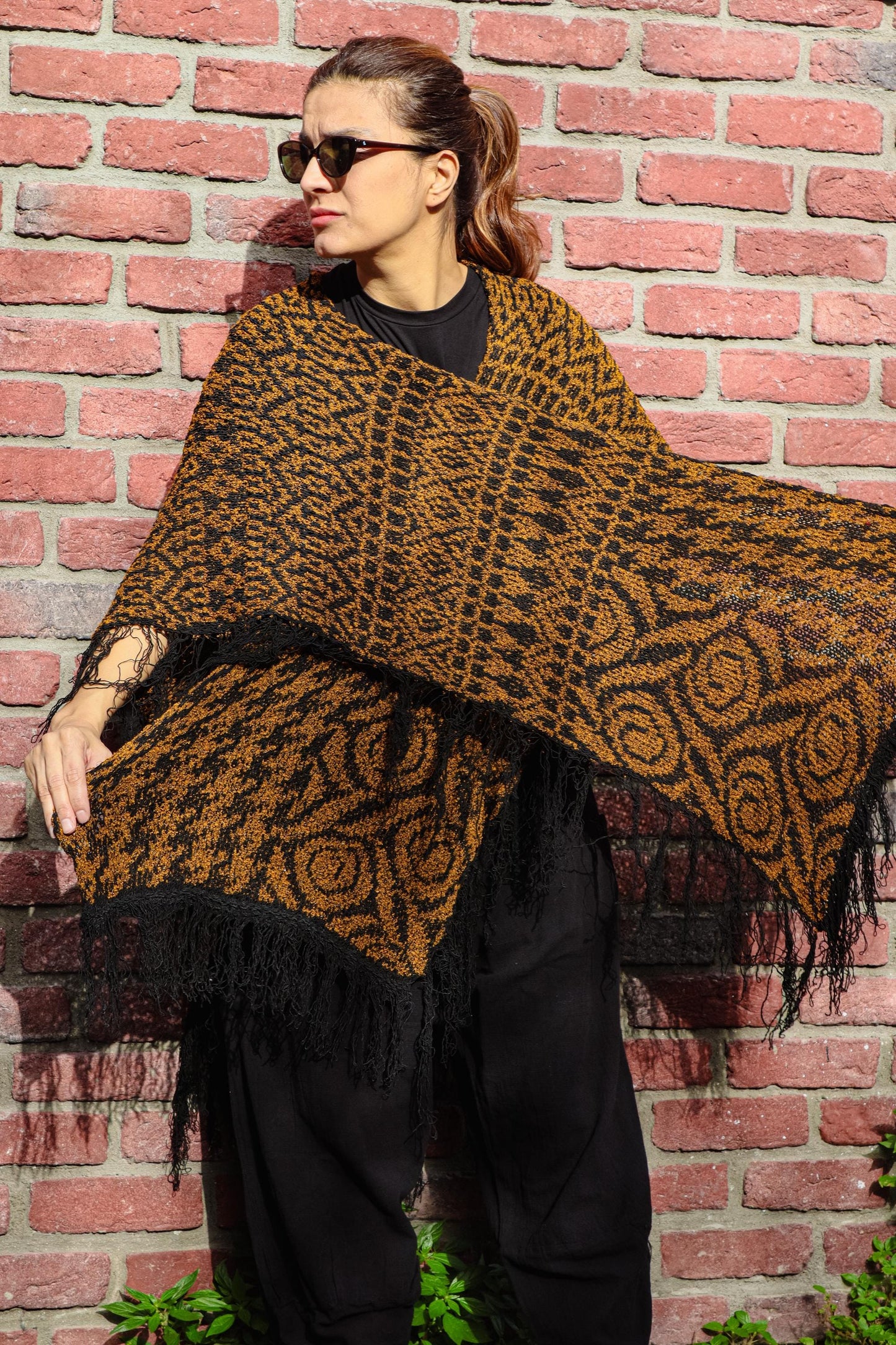Unisex Boho Poncho with Fringe – Oversized Ethnic Knit Festival Cape, Tribal Pattern Hippie Shawl, All Season Bohemian Wrap