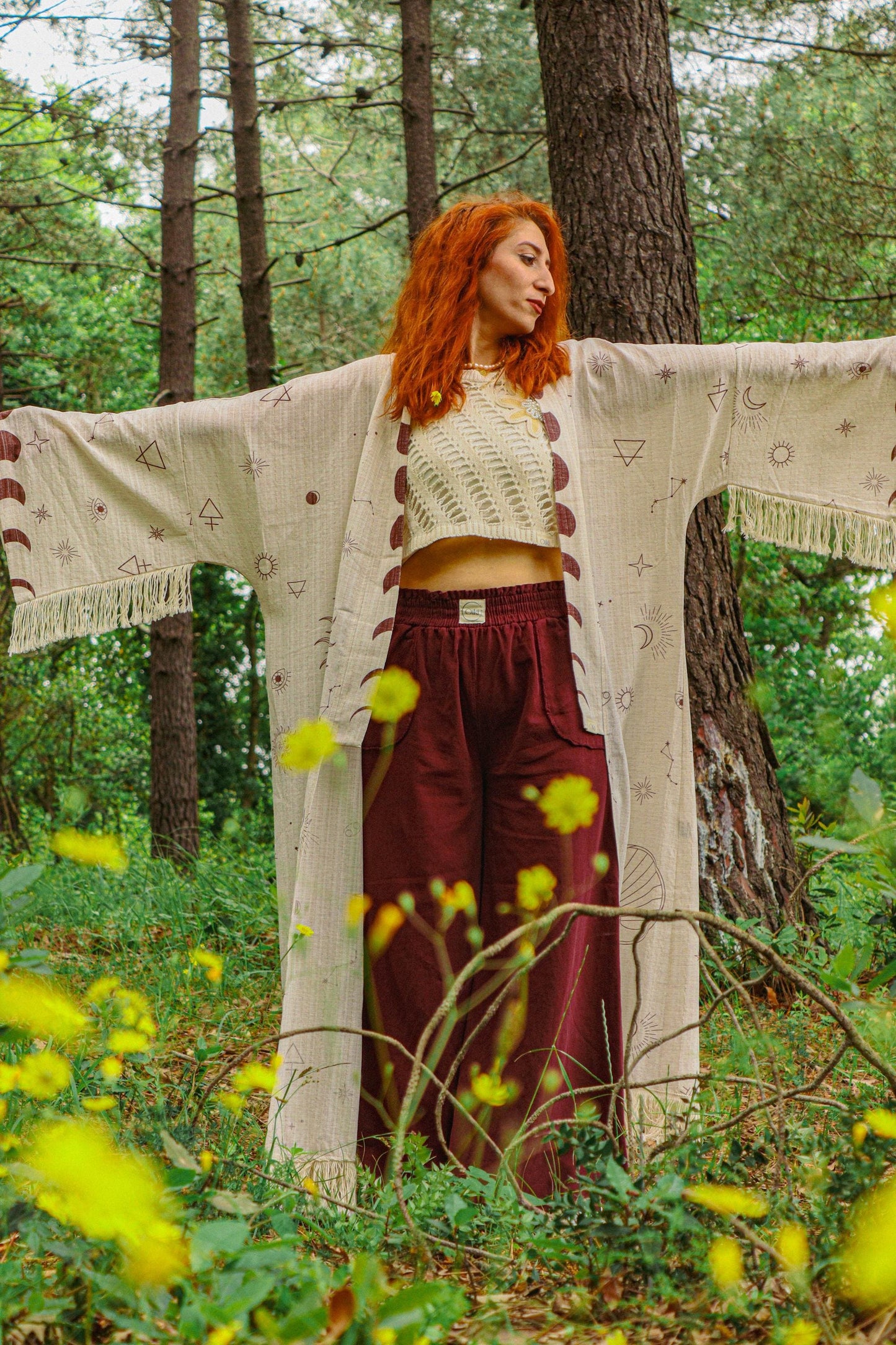 Astrology Kimono with Snake Back Print – Boho Oversized Celestial Bohemian Robe, Zodiac Symbol Cardigan, Festival Goddess Duster