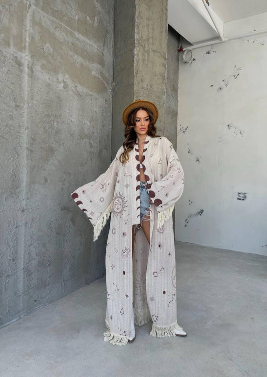 Astrology Kimono with Snake Back Print – Boho Oversized Celestial Bohemian Robe, Zodiac Symbol Cardigan, Festival Goddess Duster