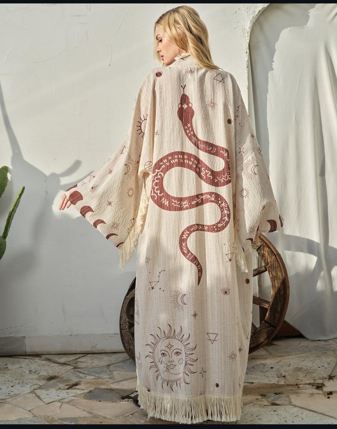 Astrology Kimono with Snake Back Print – Boho Oversized Celestial Bohemian Robe, Zodiac Symbol Cardigan, Festival Goddess Duster
