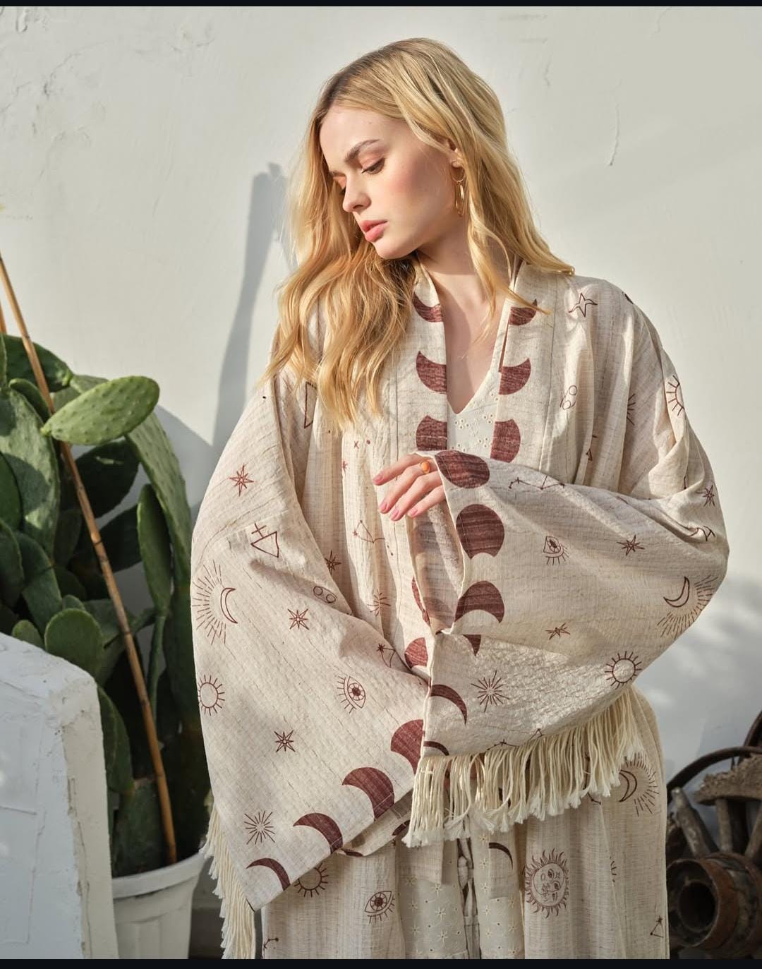 Boho Astrology Kimono with Snake Back Print – Oversized Celestial Bohemian Robe, Zodiac Symbol Cardigan, Festival Goddess Duster