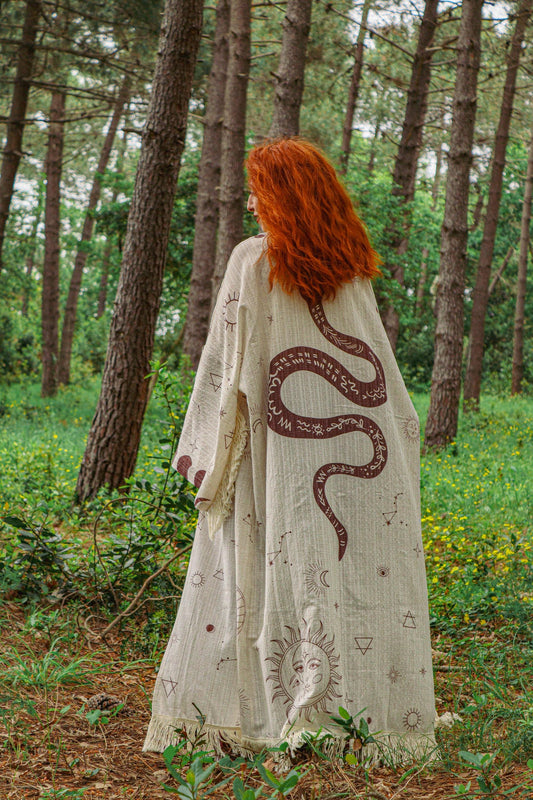 Boho Astrology Kimono with Snake Back Print – Oversized Celestial Bohemian Robe, Zodiac Symbol Cardigan, Festival Goddess Duster